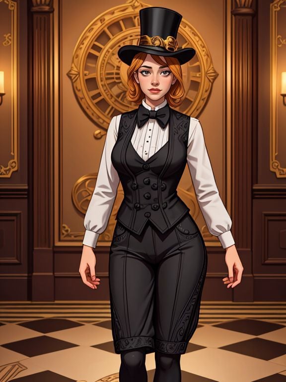 <lora:LCM_LoRA_Weights_SD15:1>[ Aimee Lou Wood|Cherie Deville], clockwork-inspired waistcoat, top hat, and goggles, An ornate venue with ornate floors and walls covered in tapestry 