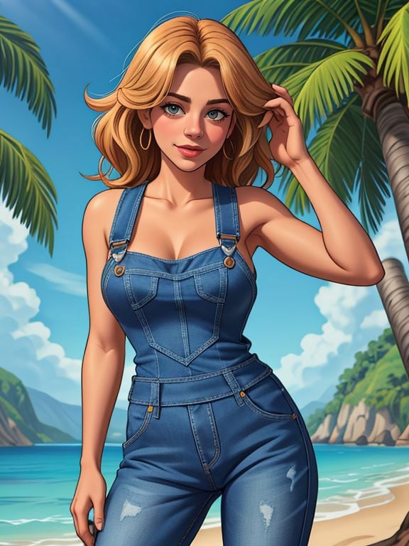 <lora:LCM_LoRA_Weights_SD15:1>[ Meg Ryan|Maria Menounos], denim overalls or jumpsuits, A tropical and latin place with lots of green and beach 