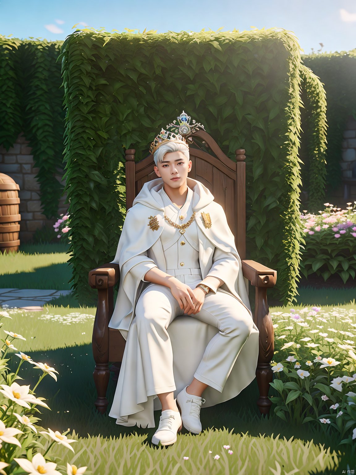  masterpiece,Fortnite,1 boy,Look at me,Handsome,White hair,Muscular development,A gorgeous white cloak,Sitting on the throne,outside,Garden,Flower field,Wear a crown,Natural light,UHD,high details,best quality,