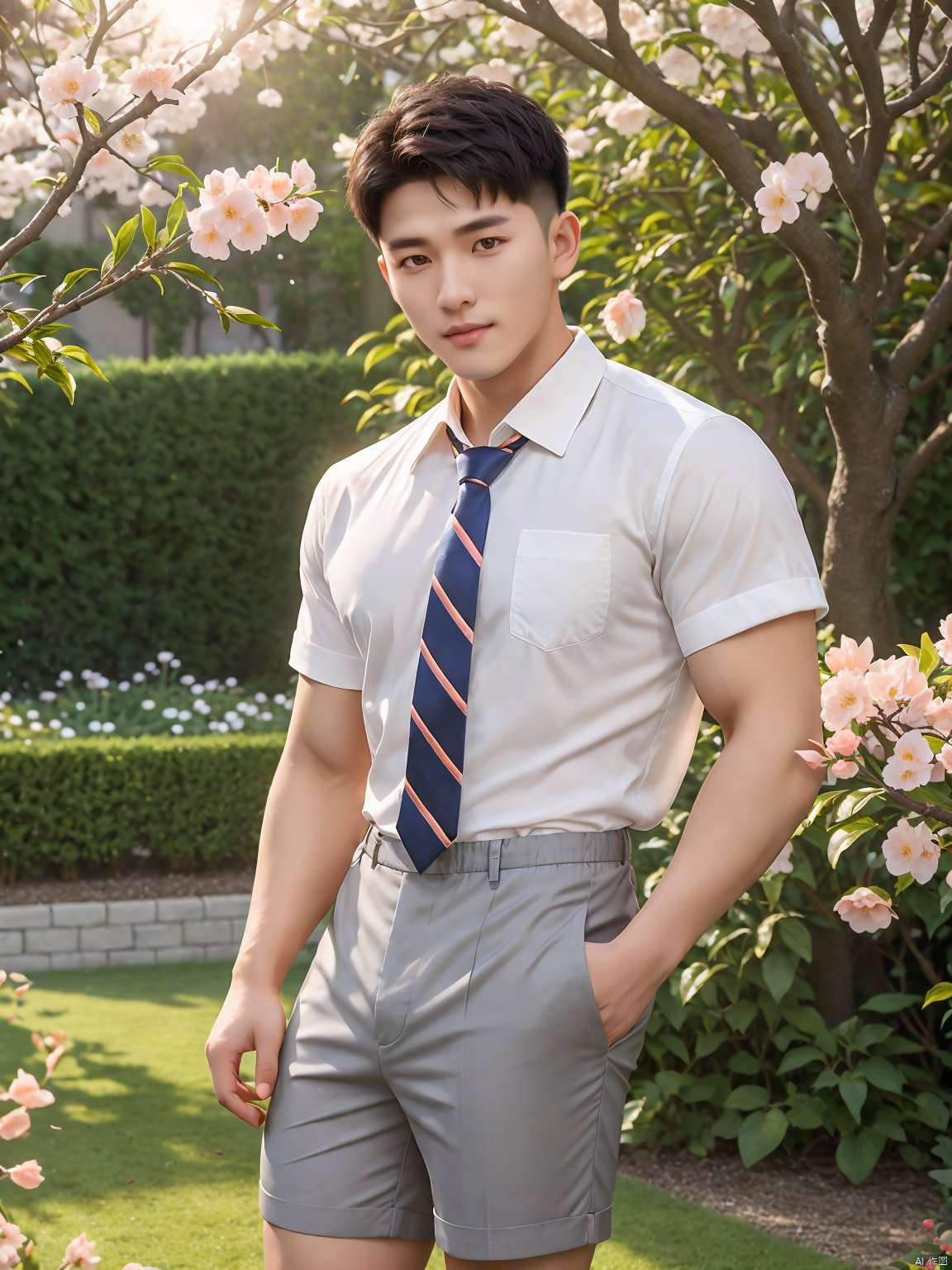  masterpiece,1 boy,Young,Handsome,Look at me,Short hair,Tea hair,Students,White shirt,Striped tie,Gray shorts,Stand,Outdoor,Garden,Peach tree,Flying petals,Light and shadow,HDR,textured skin,super detail,best quality,