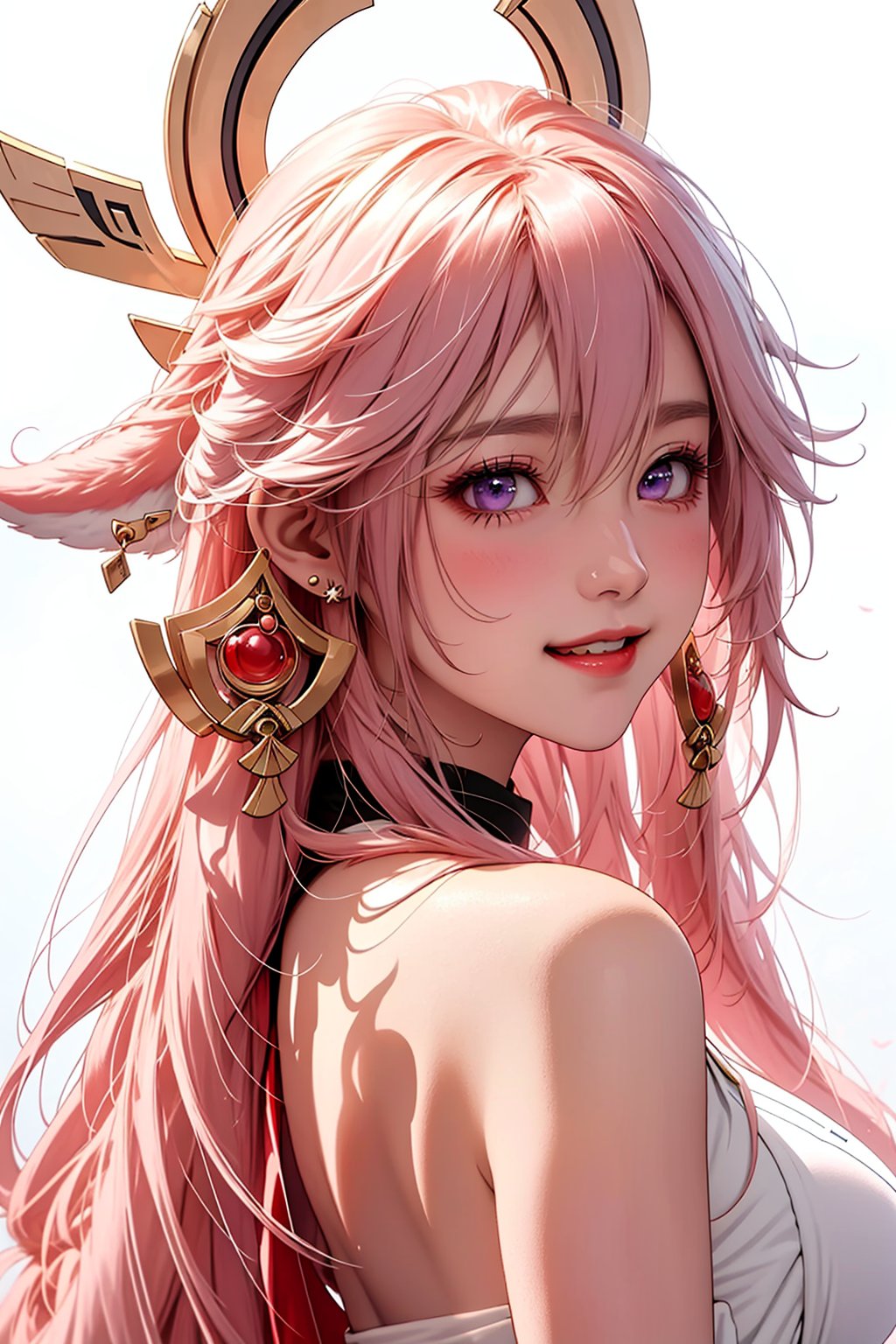 ba shen zi,1girl,solo,pink hair,purple eyes,animal ears,blush,long hair,white background,simple background,bare shoulders,hair between eyes,fox ears,jewelry,closed mouth,earrings,upper body,bangs,japanese clothes,breasts,hair ornament,cheerful demeanor,radiant smile,bright personality,warm-hearted nature,optimistic outlook,vibrant energy,sun-kissed complexion,free-spirited,carefree attitude,uplifting presence,positive vibes,lively enthusiasm,beaming with happiness,natural beauty,sunshine in her eyes,infectious laughter,<lora:aki-000008:0.7>,