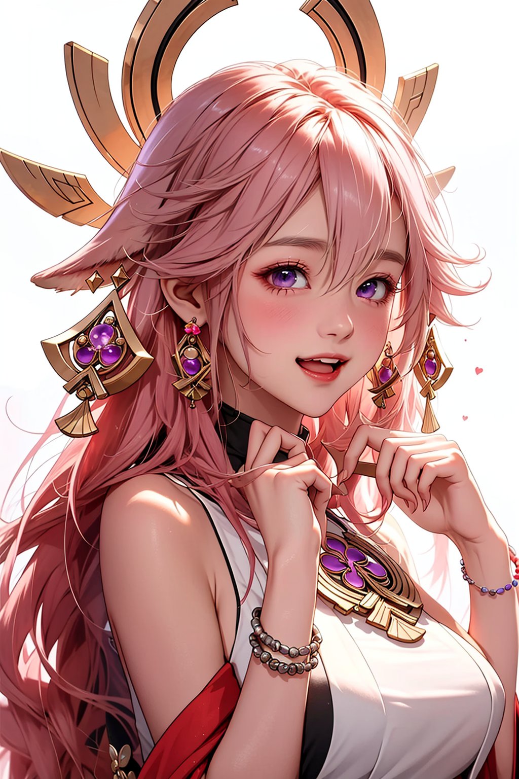 a shen zi,1girl,pink hair,solo,animal ears,long hair,blush,fox ears,purple eyes,...,jewelry,open mouth,upper body,white background,simple background,bracelet,hair between eyes,bangs,bare shoulders,breasts,earrings,hair ornament,hands up,japanese clothes,cheerful demeanor,radiant smile,bright personality,warm-hearted nature,optimistic outlook,vibrant energy,sun-kissed complexion,free-spirited,carefree attitude,uplifting presence,positive vibes,lively enthusiasm,beaming with happiness,natural beauty,sunshine in her eyes,infectious laughter,<lora:aki-000008:0.7>,