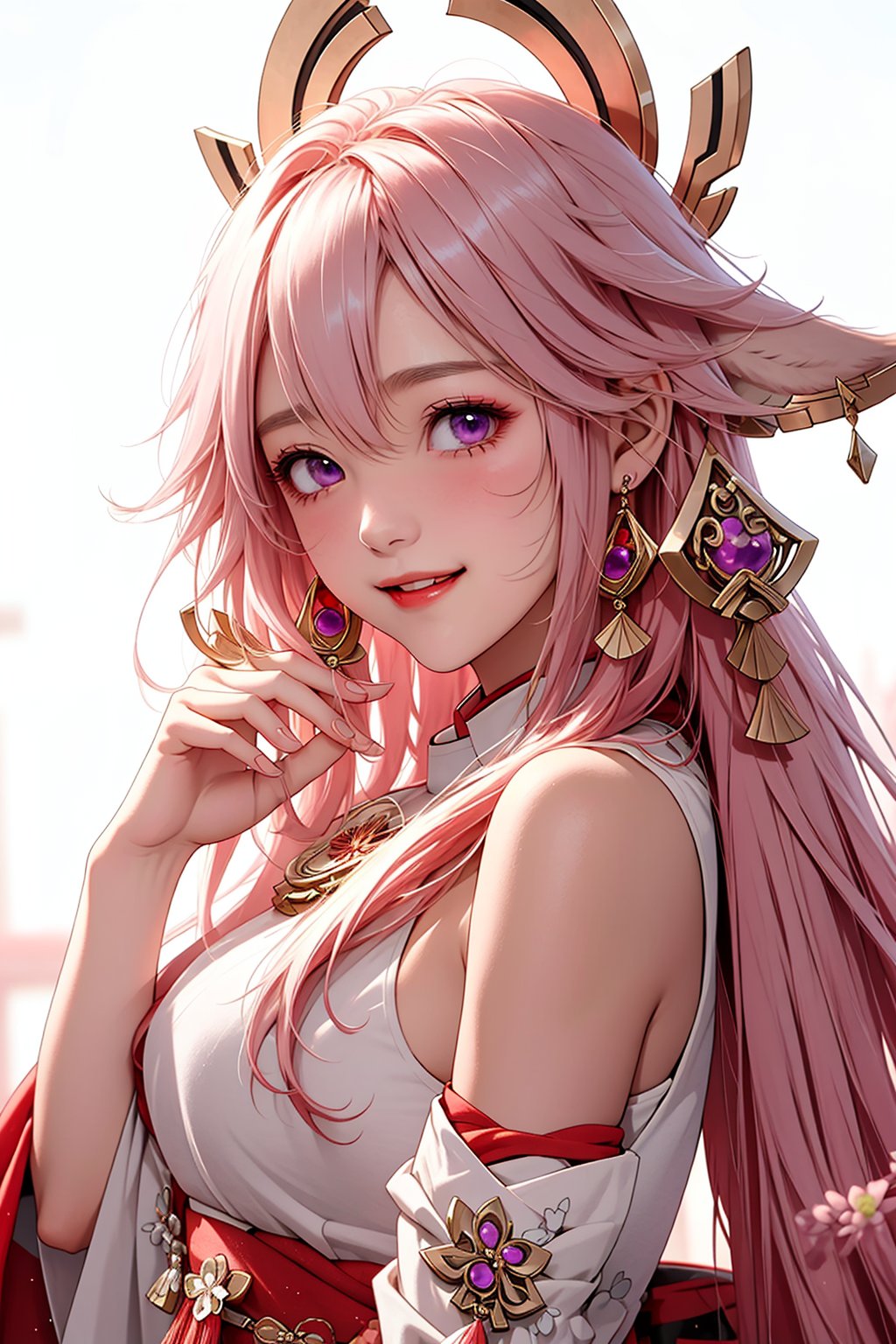 ba shen zi,1girl,solo,pink hair,purple eyes,animal ears,blush,long hair,white background,simple background,bare shoulders,hair between eyes,fox ears,jewelry,closed mouth,earrings,upper body,bangs,japanese clothes,breasts,hair ornament,cheerful demeanor,radiant smile,bright personality,warm-hearted nature,optimistic outlook,vibrant energy,sun-kissed complexion,free-spirited,carefree attitude,uplifting presence,positive vibes,lively enthusiasm,beaming with happiness,natural beauty,sunshine in her eyes,infectious laughter,<lora:aki-000008:0.7>,