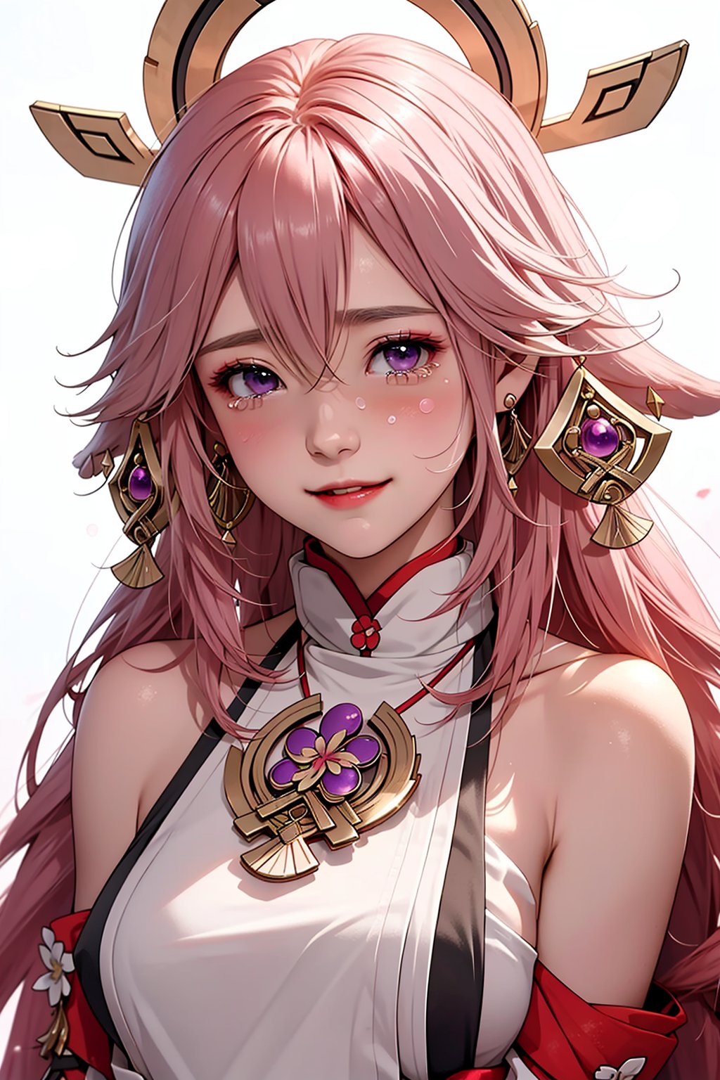 ba shen zi,1girl,solo,pink hair,purple eyes,long hair,blush,tears,animal ears,bare shoulders,hair between eyes,white background,simple background,upper body,fox ears,breasts,bangs,jewelry,closed mouth,earrings,japanese clothes,hair ornament,weep,cheerful demeanor,bright personality,warm-hearted nature,optimistic outlook,vibrant energy,sun-kissed complexion,free-spirited,carefree attitude,uplifting presence,positive vibes,lively enthusiasm,beaming with happiness,natural beauty,sunshine in her eyes,infectious laughter,<lora:aki-000008:0.7>,