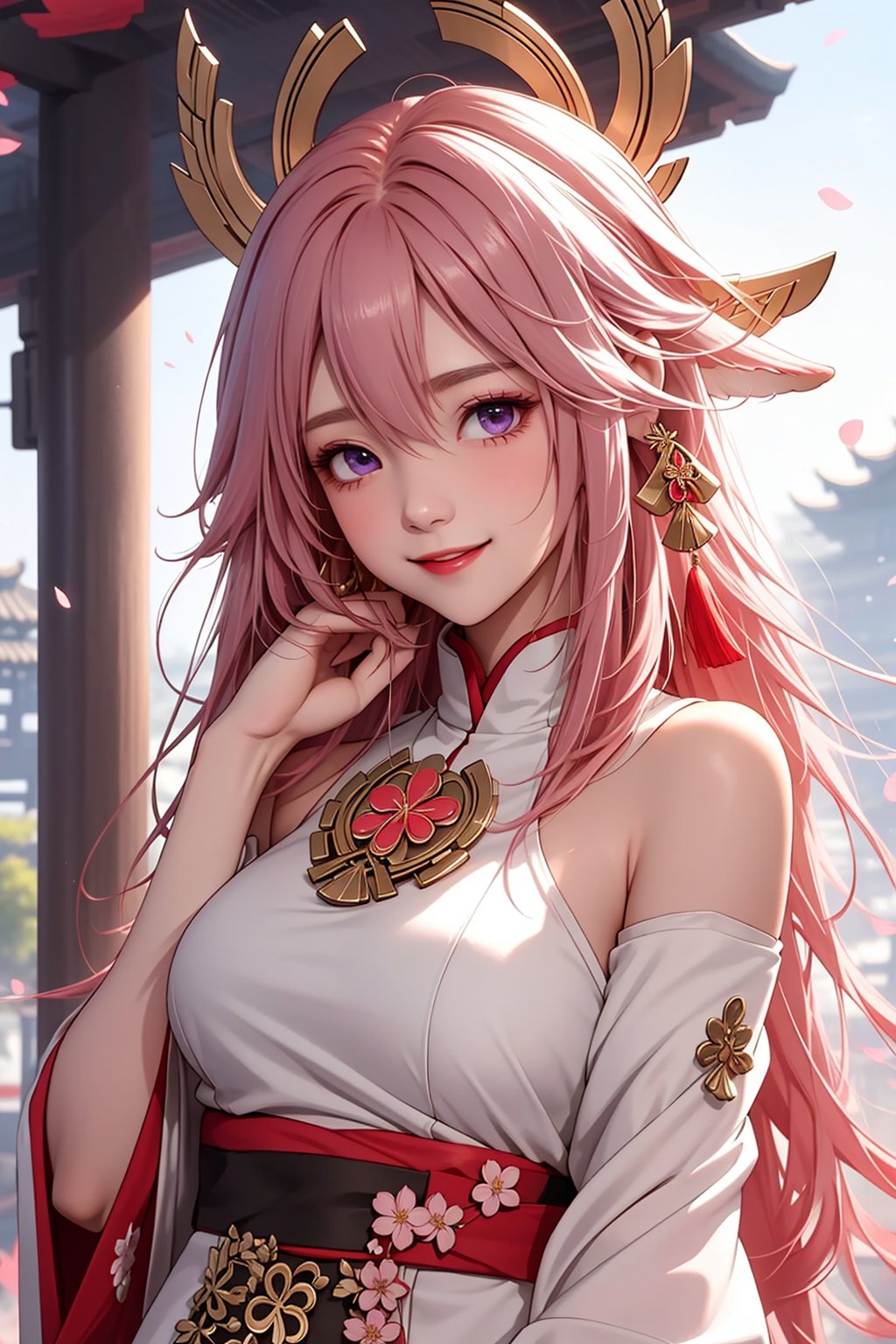 ba shen zi, 1girl, solo, pink hair, long hair, purple eyes, breasts, smile, hair between eyes, upper body, animal ears, bare shoulders, japanese clothes, fox ears, bangs, closed mouth, hair ornament, petals, wide sleeves, large breasts, long sleeves, hand up, jewelry,cheerful demeanor,bright personality,warm-hearted nature,vibrant energy,sun-kissed complexion,free-spirited,carefree attitude,uplifting presence,positive vibes,lively enthusiasm,sunshine in her eyes,<lora:aki-000008:0.5>,