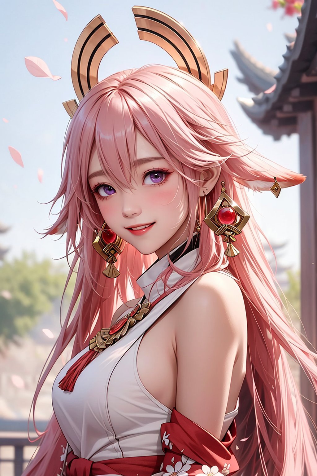 ba shen zi,1girl,pink hair,solo,long hair,jewelry,animal ears,purple eyes,earrings,hair between eyes,bangs,blurry background,blurry,fox ears,petals,closed mouth,blush,bare shoulders,cheerful demeanor,radiant smile,bright personality,warm-hearted nature,vibrant energy,sun-kissed complexion,free-spirited,carefree attitude,outgoing nature,uplifting presence,playful spirit,positive vibes,lively enthusiasm,beaming with happiness,(infectious laughter:0.8),<lora:aki-000008:0.6>,