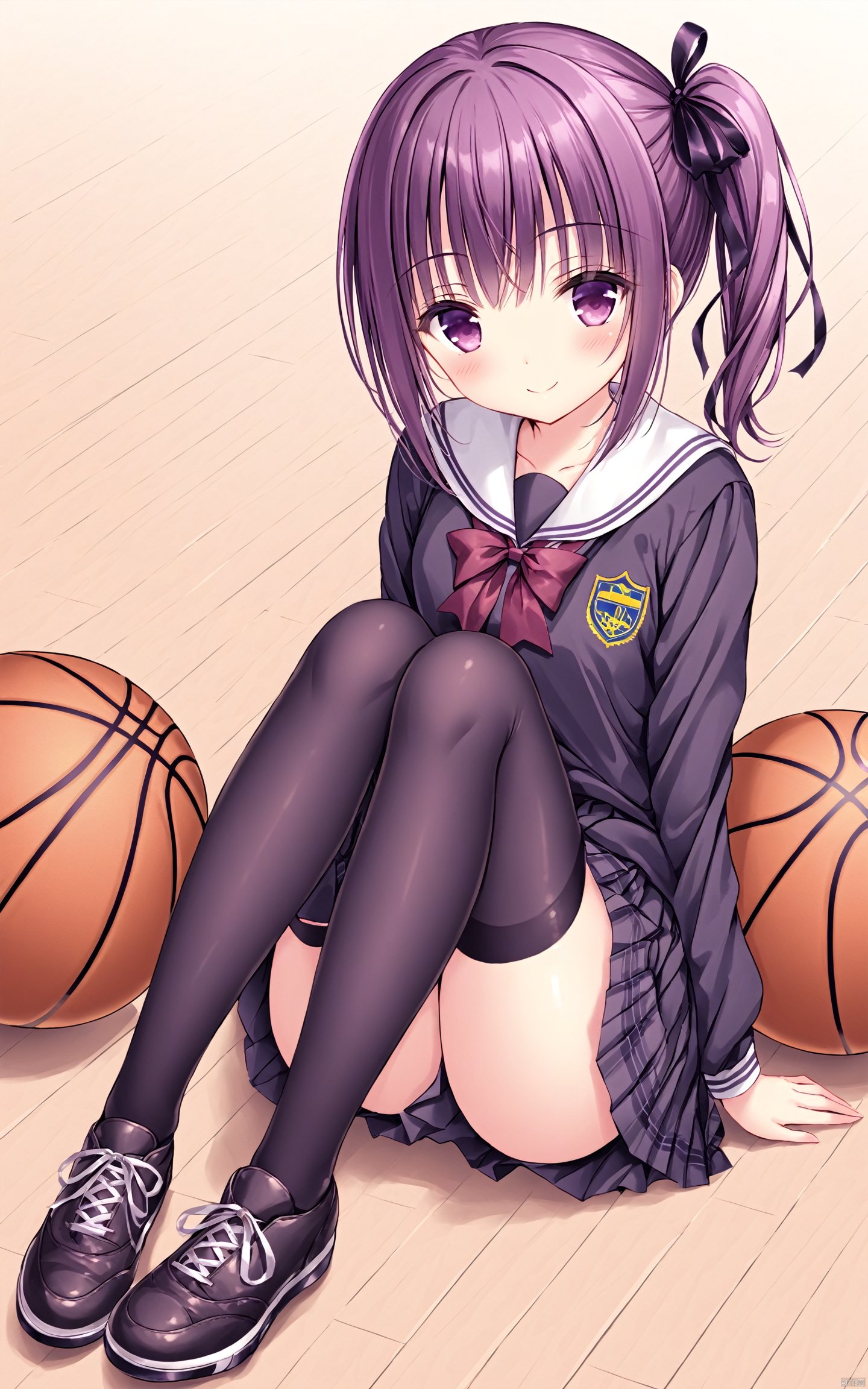  (masterpiece),(best quality),1girl, basketball, thighhighs, solo, purple eyes, purple hair, black thighhighs, shoes, sitting, ribbon, smile, blush, school uniform, short hair, hair ribbon, side ponytail, skirt, looking at viewer