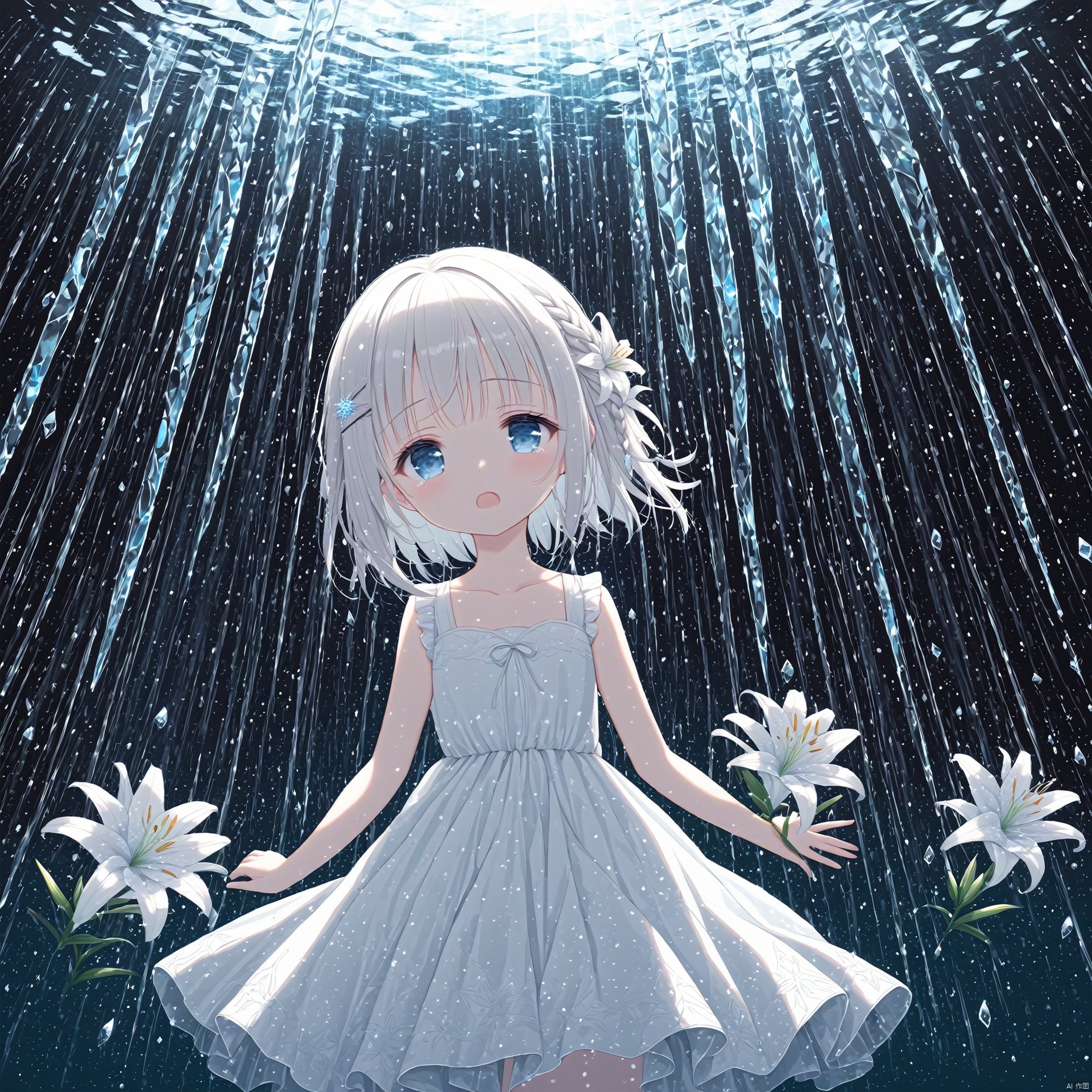  (masterpiece),(best quality),1 girl,loli,White Dress,White short hair,braids,lily flower hair clip,upper body,cry,water,black background,Ice crystal,dappled sunlight,Suspended colorless crystal,beautiful detailed glow, (detailed ice), beautiful detailed water,