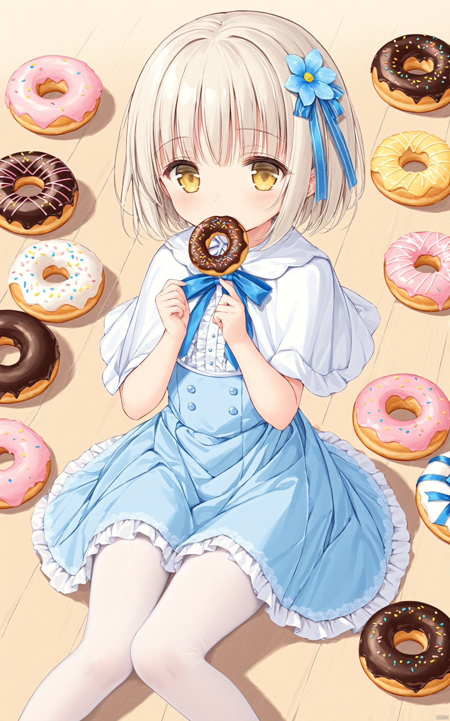 (masterpiece),(best quality),loli,1girl, solo, food, yellow eyes, doughnut, pantyhose, white pantyhose, hair ornament, sitting, looking at viewer, ribbon, flower, hair flower, dress, short hair, capelet, blue ribbon, mouth hold, bangs