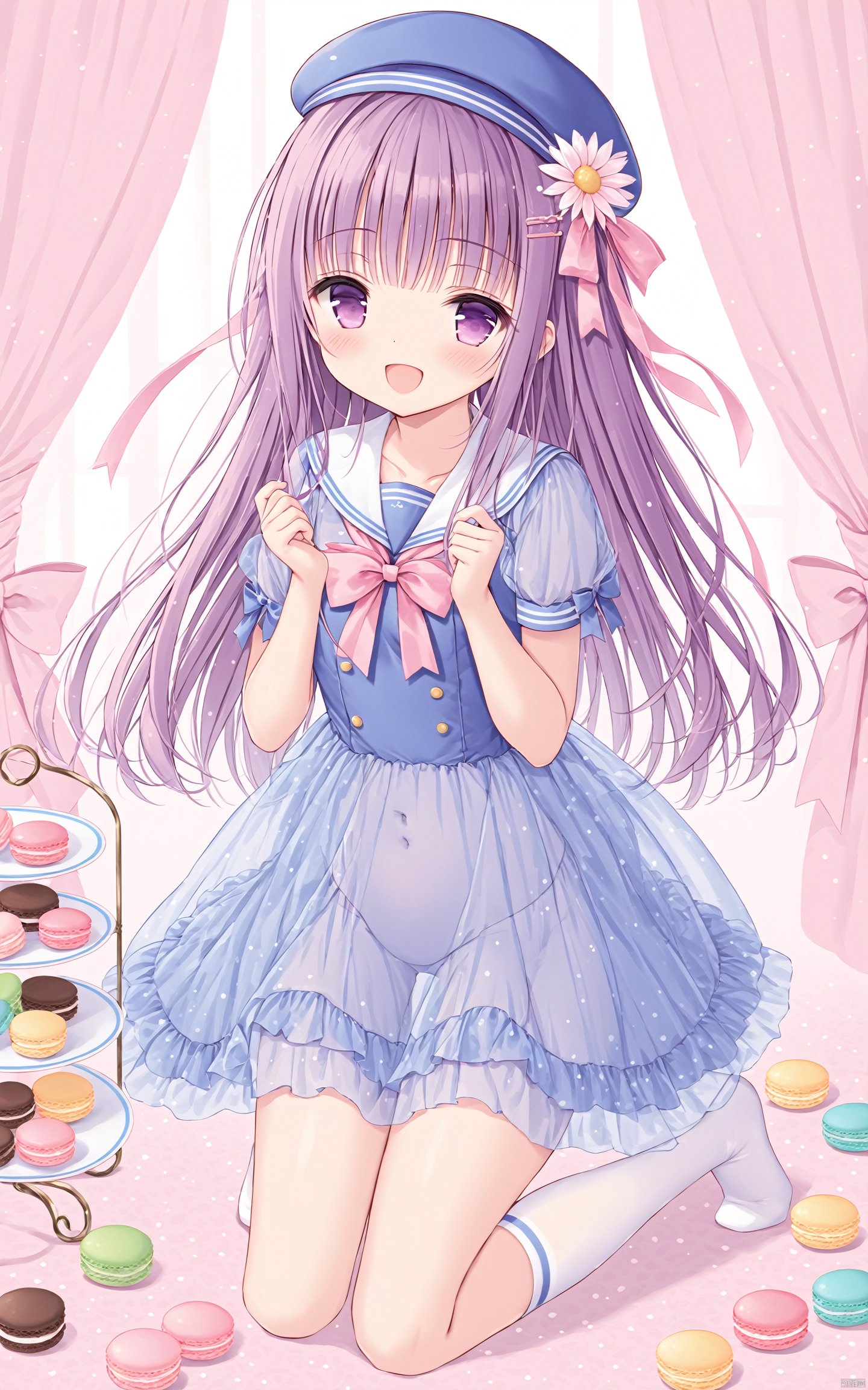 (masterpiece),(best quality),loli,1girl, solo, dress, long hair, smile, hat, macaron, open mouth, ribbon, flower, food, purple hair, looking at viewer, blush, blue dress, sailor dress, beret, :d, covered navel, short sleeves, purple eyes, hair ornament, see-through, blue headwear, bangs, kneeling, socks, bag, hair flower, bow