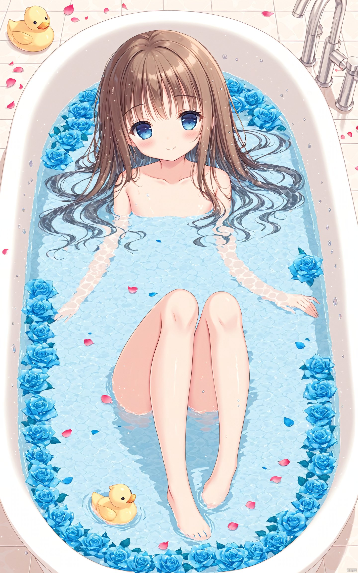 (masterpiece),(best quality),loli,1girl, one eye closed, solo, brown hair, flower, nude, rose, blue flower, blue rose, smile, long hair, bubble, bathing, rubber duck, water, ;), petals, blush, convenient censoring, looking at viewer, bath, bathtub, leg up, wet, blue eyes, partially submerged