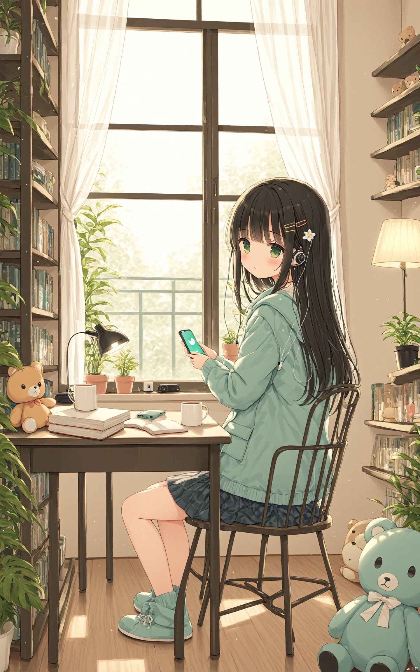 (masterpiece),(best quality),solo,loli,1girl,black hair,solo,long hair,window,indoors,cup,hair ornament,phone,book,plant,lamp,hairclip,blush,blurry foreground,curtains,long sleeves,green eyes,cellphone,sitting,stuffed toy,mug,bookshelf,stuffed animal,bangs,potted plant,smartphone,table,twitter username,desk lamp,desk,blurry,shelf,earphones,jacket,depth of field,chair,(masterpiece),