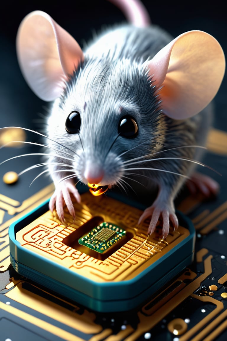 The (cyborg mouse:1.4) (eating a holed micro chip:1.5), extremely detailed, fantasy, intricate, hyperrealistic, 8K 3D, simple computer interior background