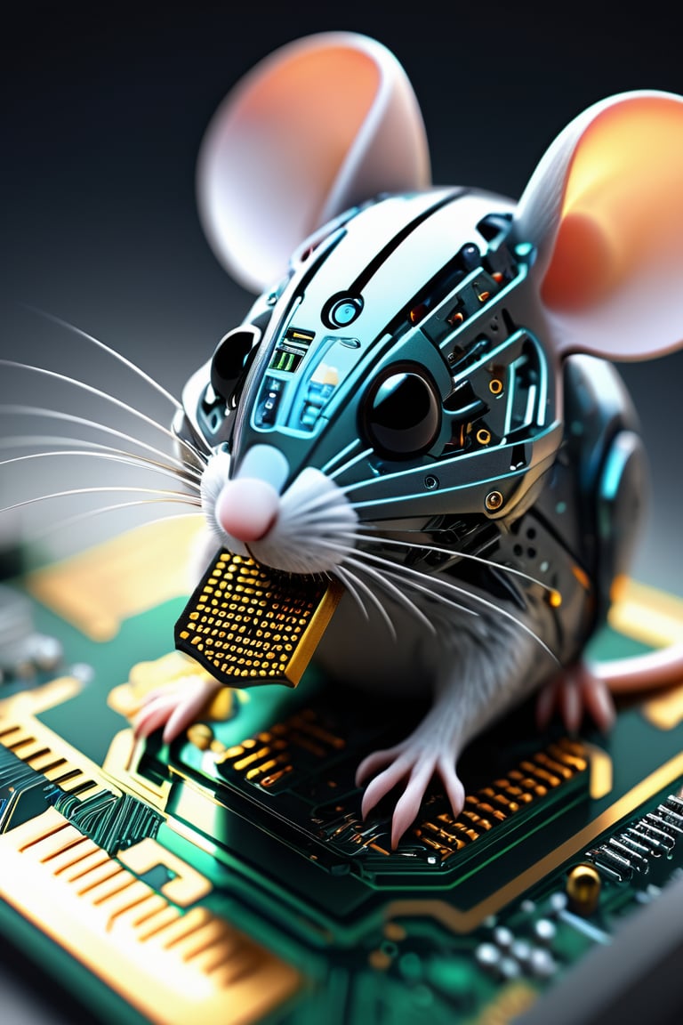 The (cyborg mouse:1.4) (eating a holed micro chip:1.5), extremely detailed, fantasy, intricate, hyperrealistic, 8K 3D, simple computer interior background