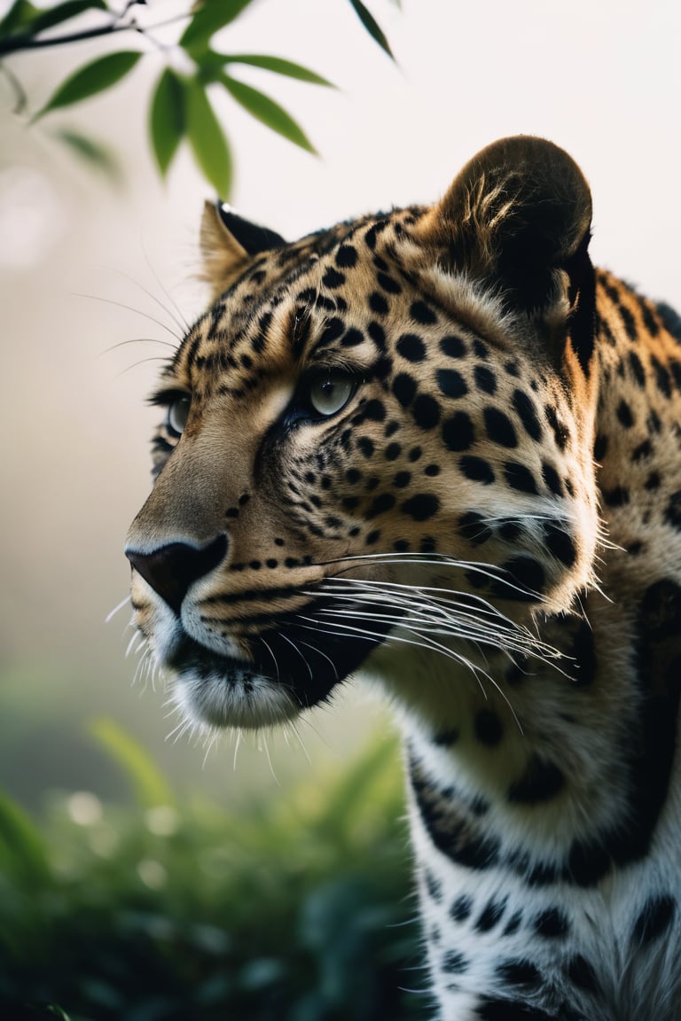 breathtaking 135mm IMAX cinematic shot, award winning wildlife medium shot, close-up action shot of a gigantic majestic leopard, (intense threatening look:1.4), (lush foggy jungle), muted palette, minimalist black and white, cloudcore, minimalist landscapes, meticulously crafted scene, (cinematic dusk backlight:1.4), no-humans, (analog:1.3), specular lighting, (wide shot:1.2), F/5, (cinematic still:1.2), 35mm photograph, film, professional, sharp focus, F/5, 35mm photograph, film, professional, photographic, editorial photograph, hyperdetailed photography, natural lighting, film grain, photography, (photorealistic:1.4), dslr, f2, 16mm, 50mm, 35mm, Kodak UltraMax 400, Fujifilm Superia Premium 400, Nikon D850 film stock photograph, Kodak Portra 400 f1.6 lens, 1/80s, f/2.8, ISO 100, Dramatic, Atmospheric, 8k, UHD, color graded portra 400 film, analog raw photo, amateur photo, film stock photograph, photorealism, amazing fine detail, absurdres, lifelike