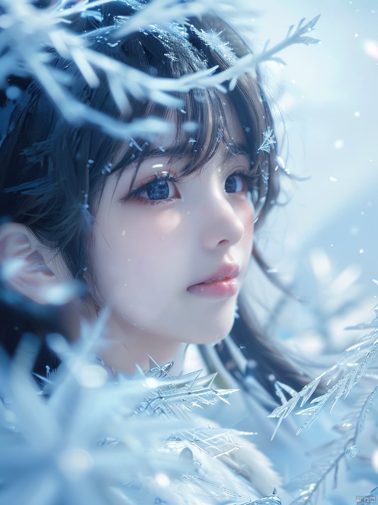 (\shuang hua\),ice, 1girl, solo,teeth, eyelashes, lips, black hair, long hair, depth of field, snowflakes, snow, bangs, portrait,