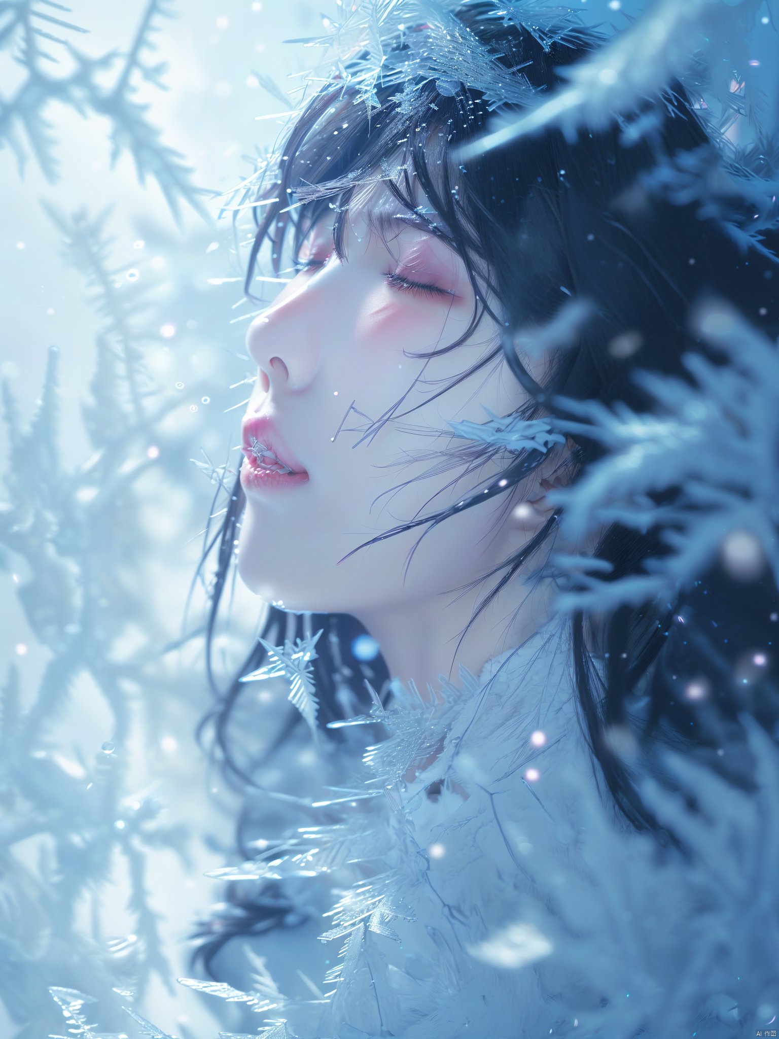 (\shuang hua\),ice, 1girl, solo, closed eyes, parted lips,teeth, eyelashes, lips, black hair, profile, long hair, depth of field, from side, snowflakes, snow, bangs, portrait,