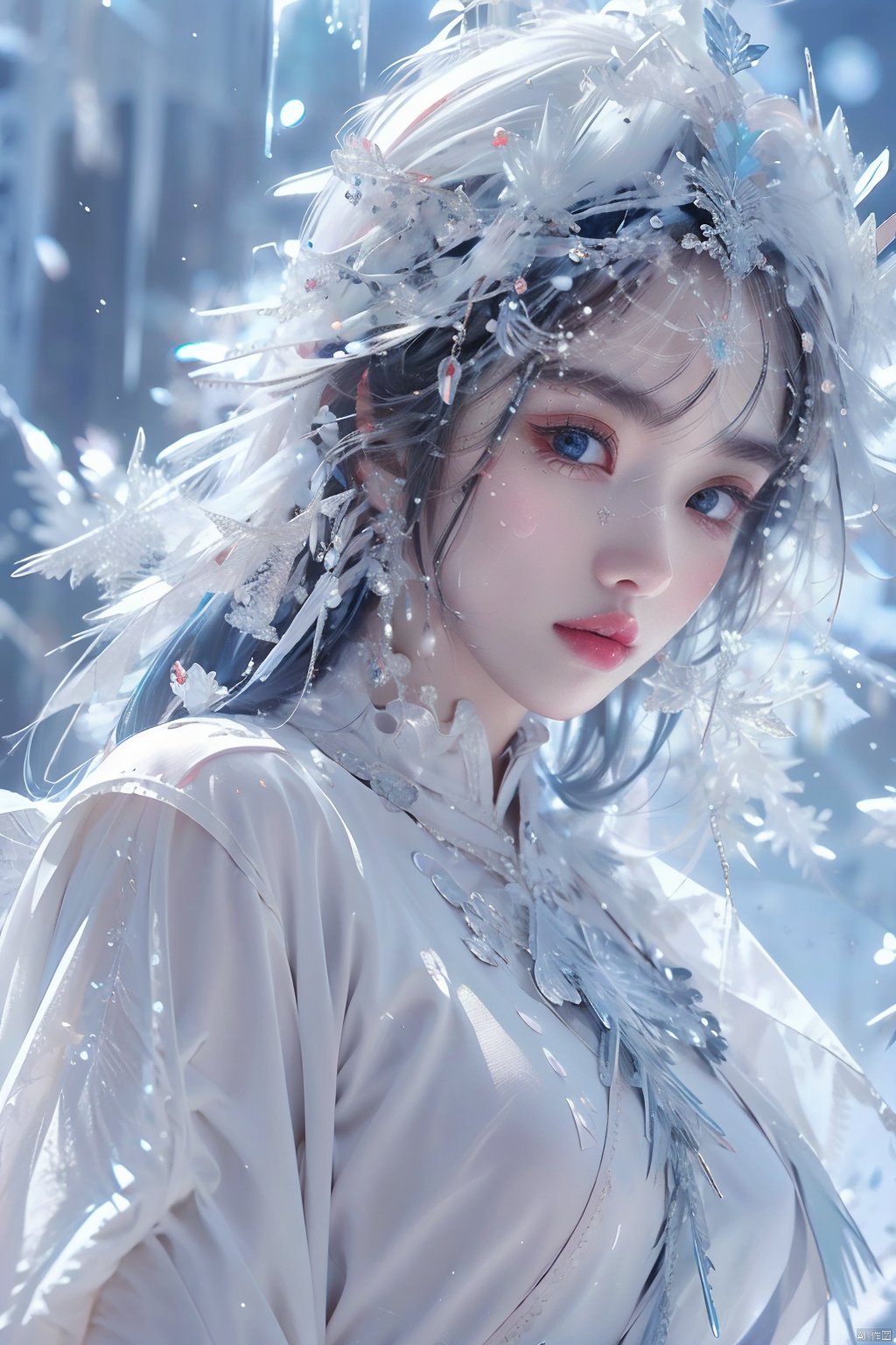 (ice), ((best quality)), ((masterpiece)), ((ultra-detailed)), extremely detailed CG, (illustration), ((detailed light)), (an extremely delicate and beautiful), a girl, solo, ((upper body,)), ((cute face)), expressionless, (beautiful detailed eyes), full breasts, (medium breasts:1.2), blue dragon eyes, (Vertical pupil:1.2), white hair, shiny hair, colored inner hair, [Armor_dress], blue_hair ornament, ice adorns hair,depth of field, [ice crystal], (snowflake), (\shuang hua\)