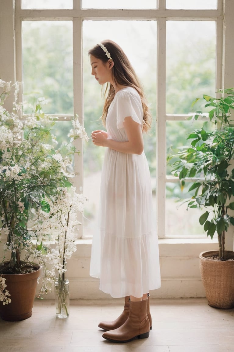 dal, photo,  1girl, solo, long hair, brown hair, hair ornament, dress, holding, standing, full body, closed eyes, flower, short sleeves, hairband, boots, hair flower, white dress, tree, window, profile, white flower, holding flower