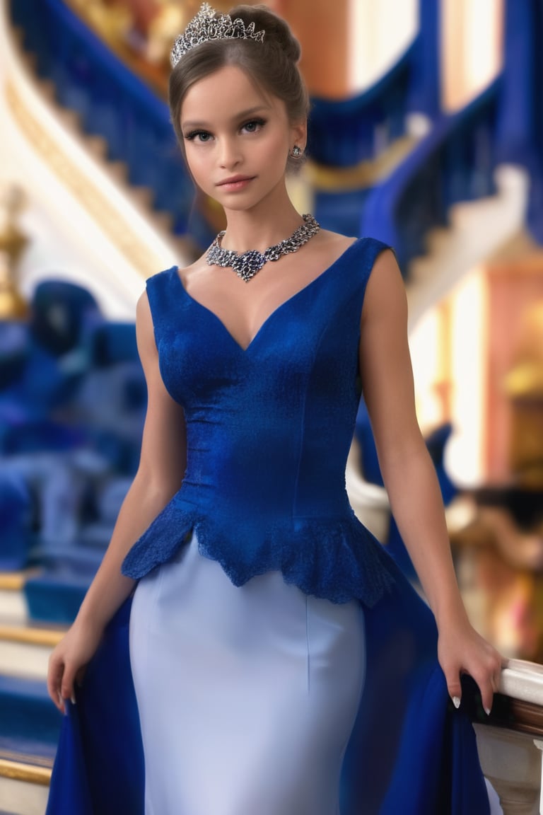 Extremely Realistic photo, rshlf girl, wearing a vlzblnc haute couture white and blue dress, stands on front of a grand staircase