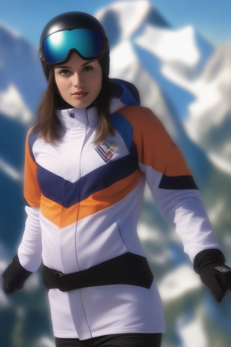 Extremely Realistic photo, Female mrlhgr, wearing a vlzblnc snowboard jacket, stands on the base of the mountain,<lora:659095807385103906:1.0>