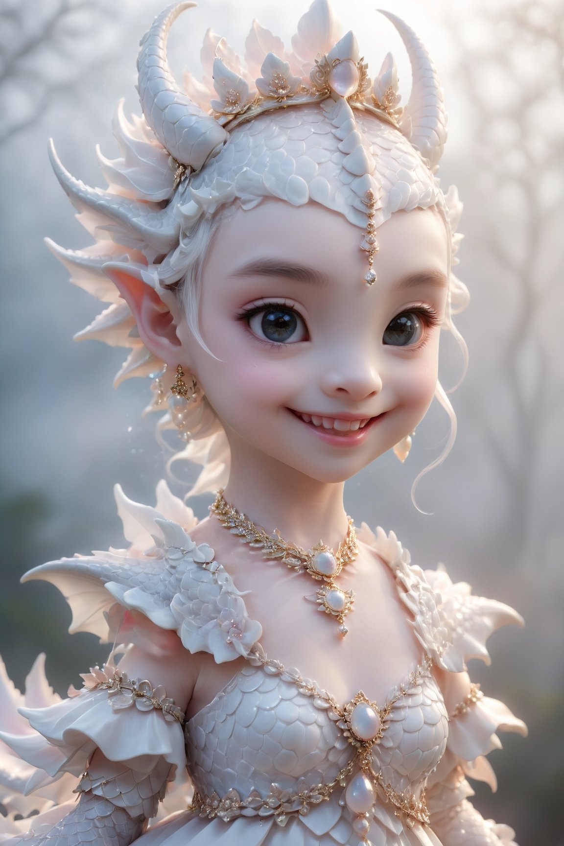 ((Bokeh:1.5)),((Soft focus:1.5)),(Fog),((blur)),(Lens Flare),
The Childlike Empress dragon,stunning beautiful cute dragon,,alabaster skin,smile,((Slicked back hair)),(head chain with jewelry stone),((Forehead)),
cute dragon has Beautiful eyes, soft expression, Depth and Dimension in the Pupils, She wears white delicate fractal pattern lace dress, , creating a sense of movement and depth.
p3rfect boobs,3d toon style,cute dragon