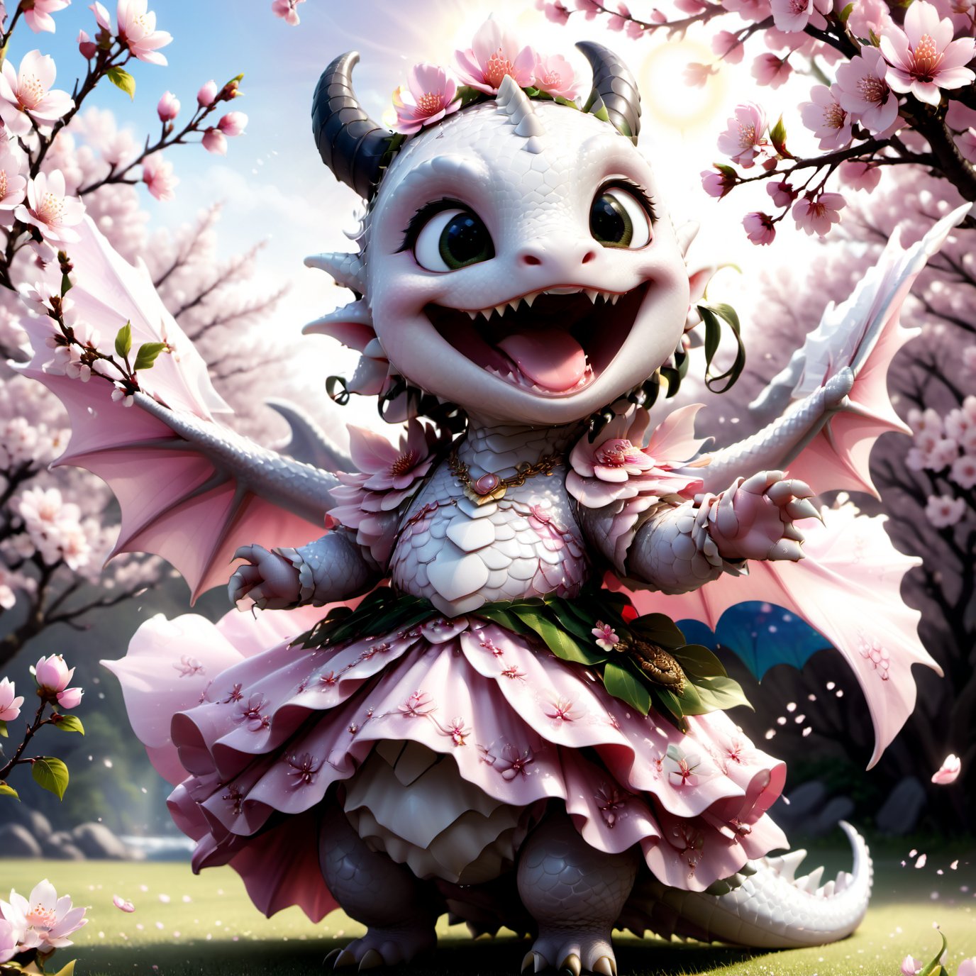  portrait of cute dragon,(singing pose), high quality,() ,intricate details, highly detailed dress ,smile,highly detailed flower decorations, long tail , (wind effect), cherry_blossom background,sun light,perfect lighting,(full body image:1.5),more detail XL,,cute dragon,sticker,ULTIMATE LOGO MAKER [XL],disney pixar style