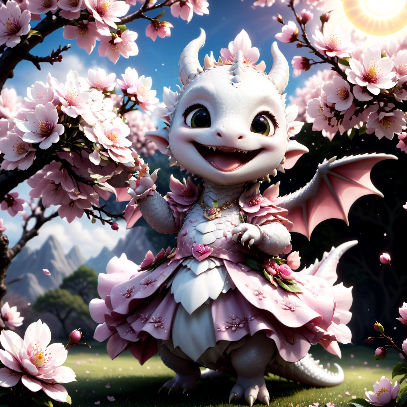  portrait of cute dragon,(singing pose), high quality,() ,intricate details, highly detailed dress ,smile,highly detailed flower decorations, long tail , (wind effect), cherry_blossom background,sun light,perfect lighting,(full body image:1.5),more detail XL,,cute dragon,sticker,ULTIMATE LOGO MAKER [XL],disney pixar style