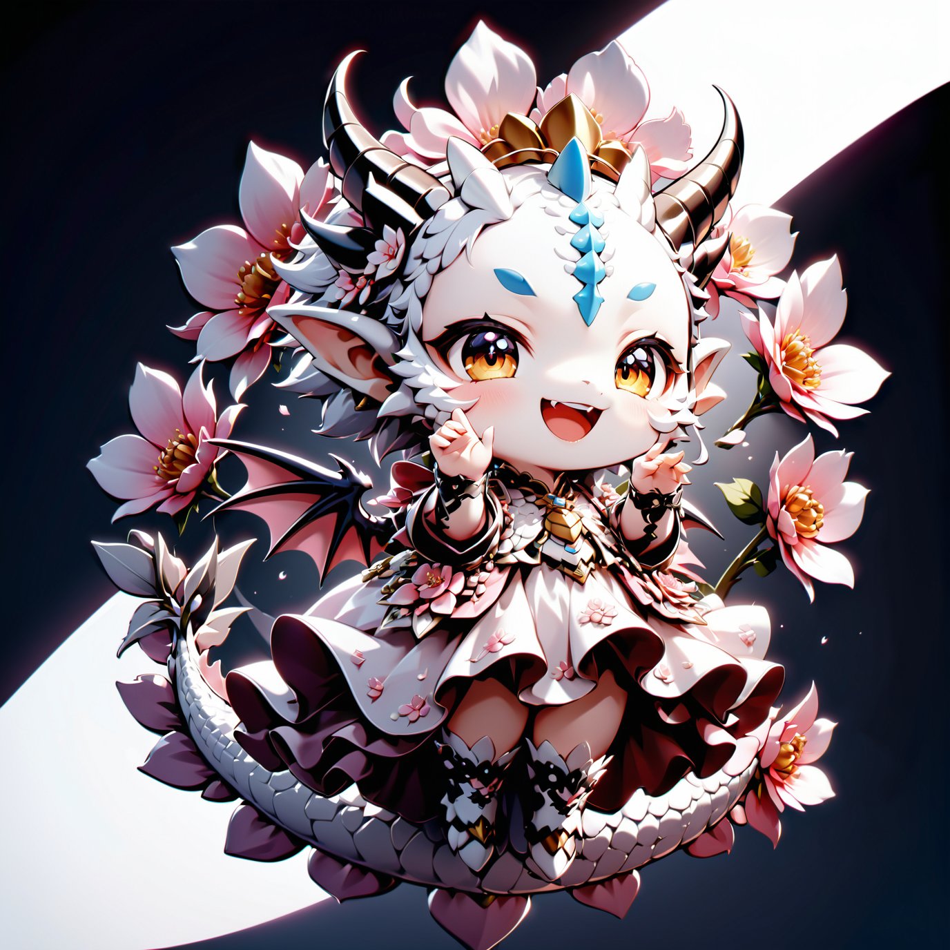  portrait of cute dragon,(singing pose), high quality,() ,intricate details, highly detailed dress ,smile,highly detailed flower decorations, long tail , (wind effect), cherry_blossom background,sun light,(full body image:1.5),more detail XL,,cute dragon,sticker,ULTIMATE LOGO MAKER [XL]