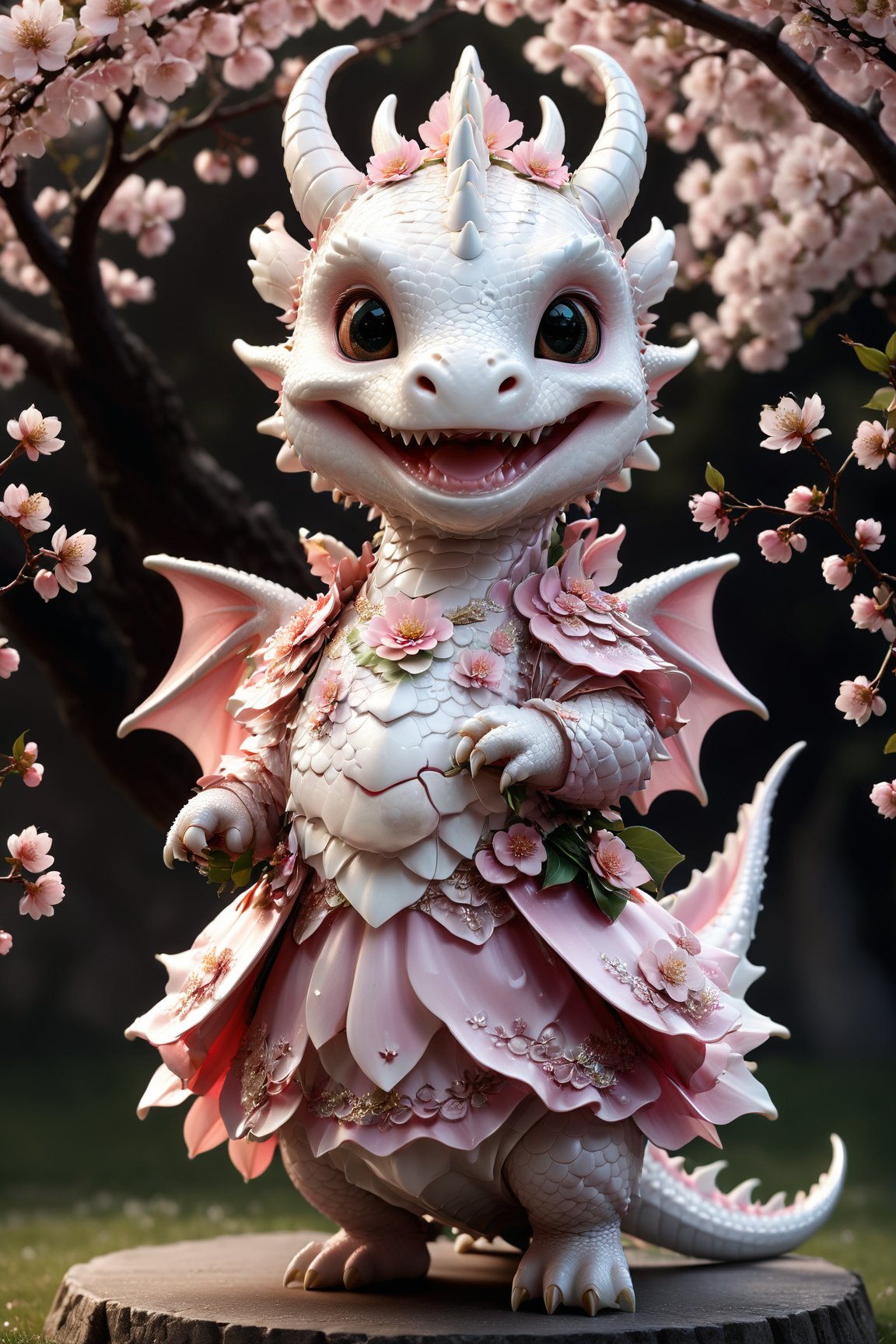 photorealistic portrait of cute dragon,(dancing pose), high quality,() ,intricate details, highly detailed dress ,smile,highly detailed flower decorations, long tail , (wind effect), cherry_blossom background,sun light,(full body image:1.5),more detail XL,,cute dragon