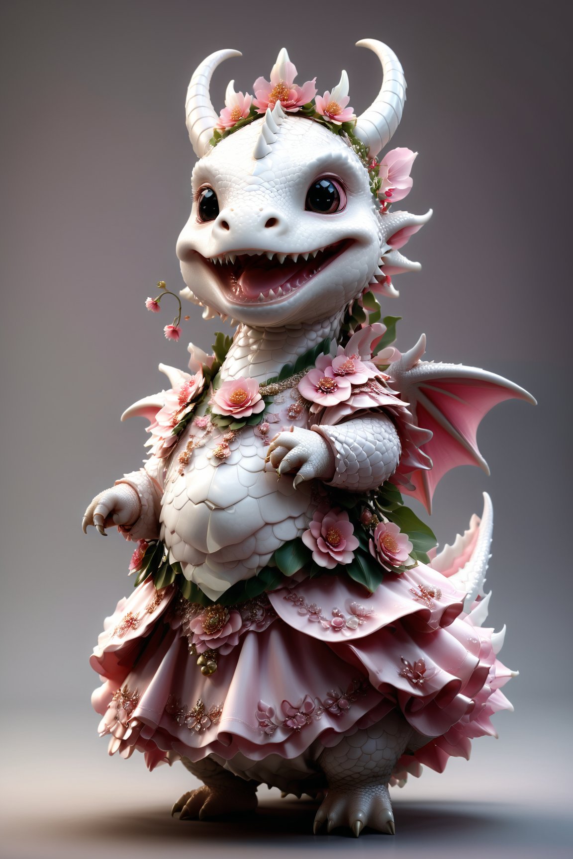 photorealistic portrait of Dressed animals - a fat baby white dragon maid,(dancing pose), high quality,(lovely) ,intricate details, highly detailed pink((princess dress)) ,smile,highly detailed flower decorations, long tail , (happy ), studio lighting,(half body image:1.5),more detail XL,(viewed from side:2.0),cute dragon