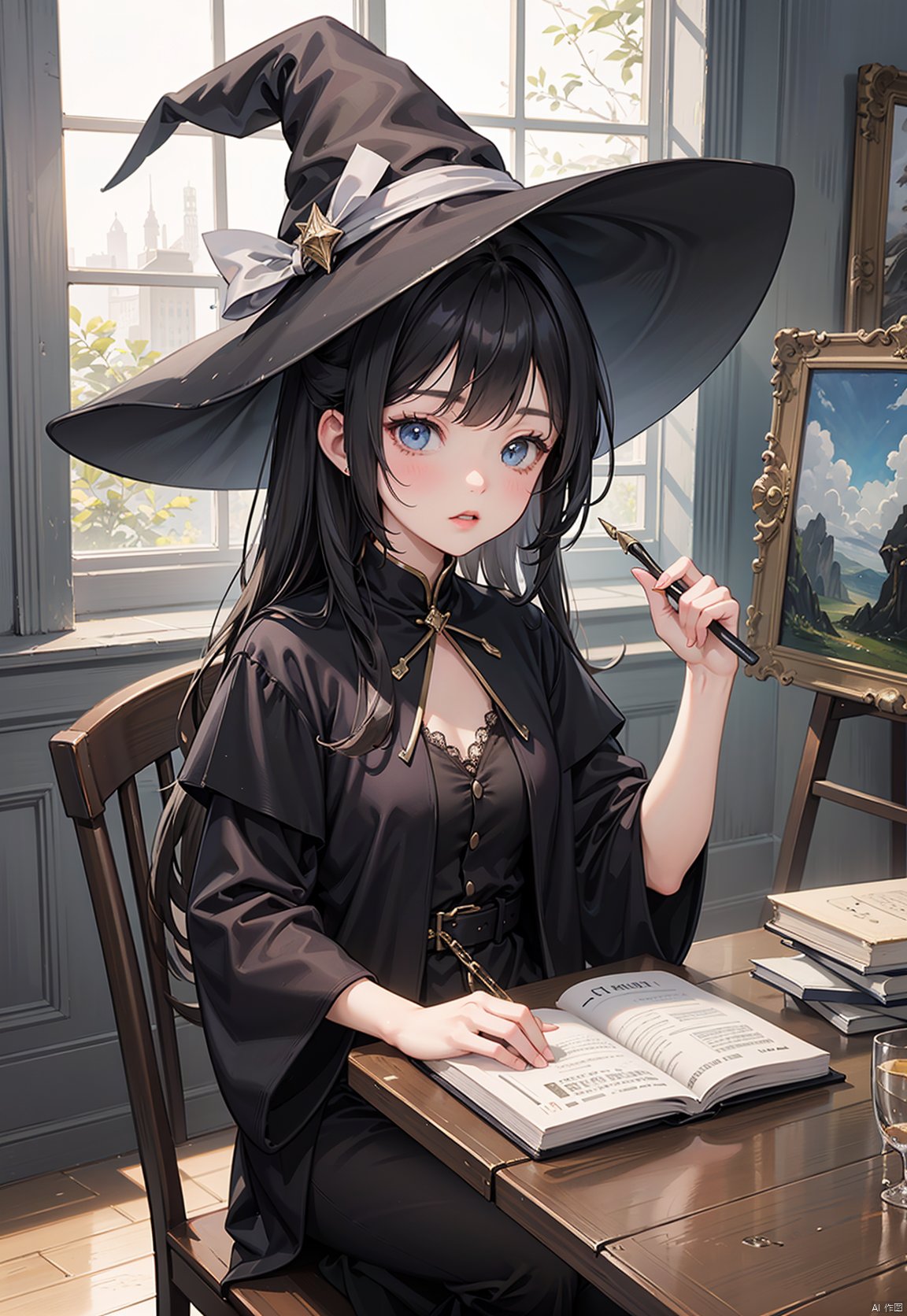 A woman with long hair and a witch hat sat on a table by the window, holding a book, an artwork, an anime girl, a detailed painting, and fantasy art in her hand