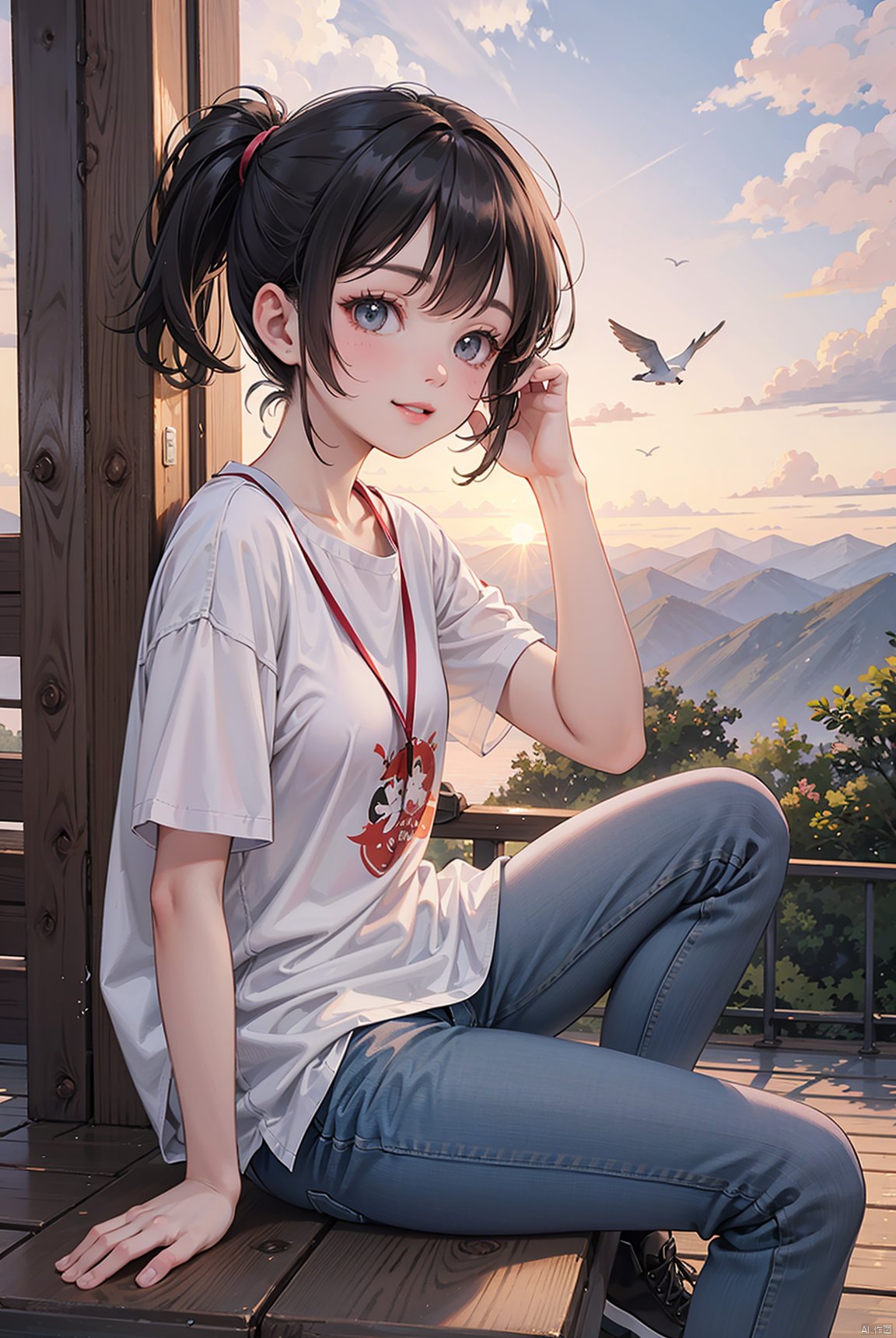 Master's work, best picture quality, higher quality, high details, ultra-high resolution, 8k resolution, high contrast, (single person), character close-up, Hayao Miyazaki style, under the sunset, a girl, red short sleeved, jeans and shorts, white skateboard shoes, sitting on a hillside, looking up at the sky, smiling, sunset, sunset, birds, mountain peaks
