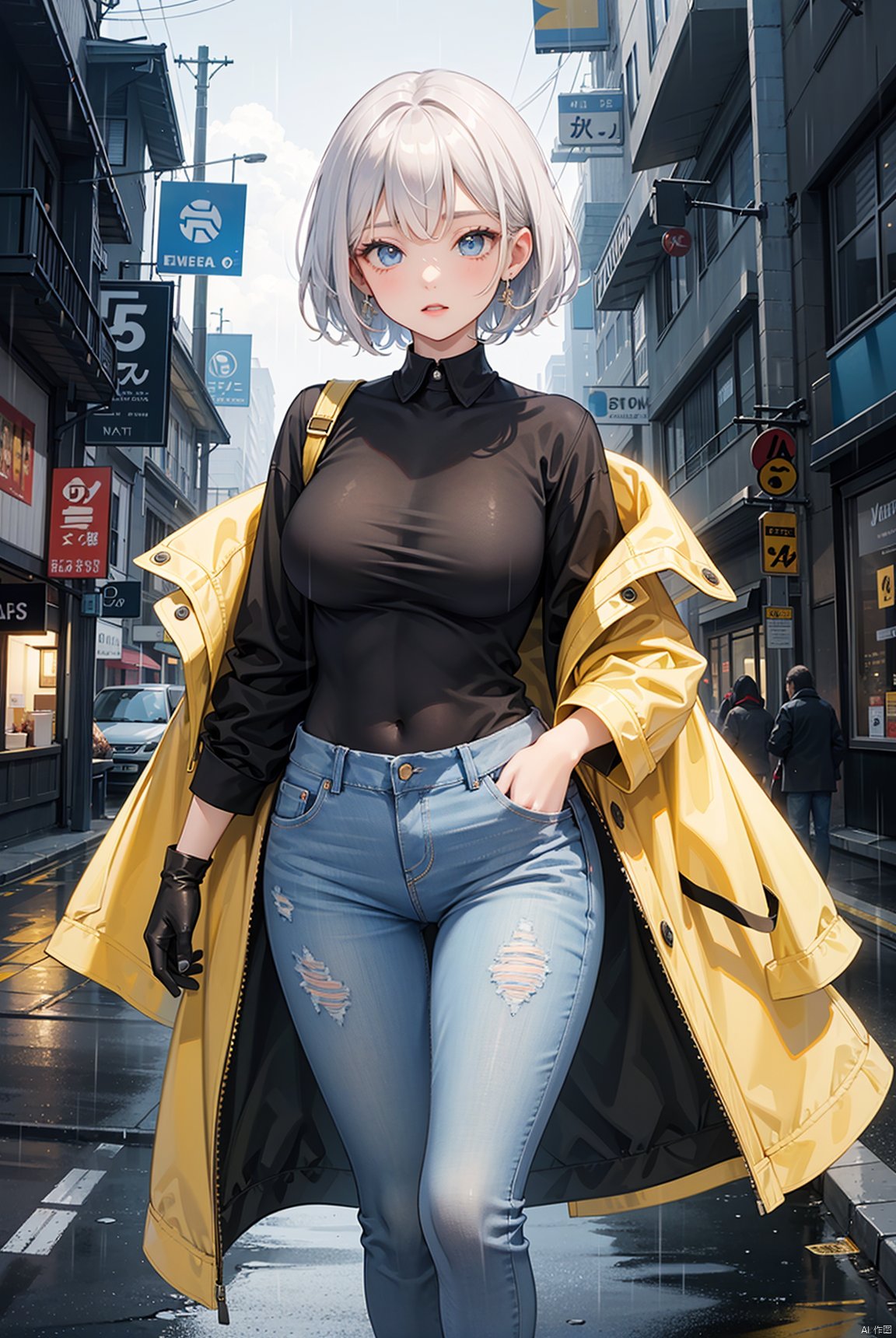 Golden short hair, girl, tall, blue eyes, thin, very tall, with a yellow and black coat, uniform, white shirt, jeans, black gloves, night, heavy rain