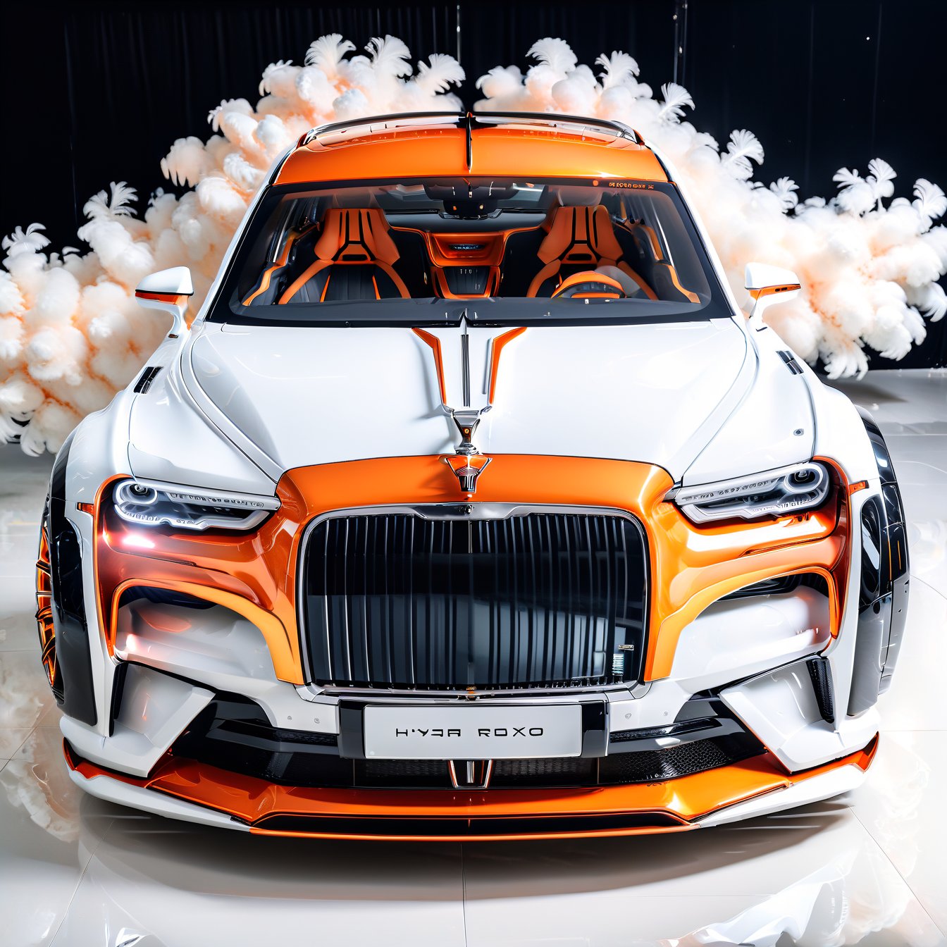 white color futuristic 4x4 luxury sports SUV,  spinning wheels,  rolls-royce phantom, toyota century suv, porsche, honda crv, brabus, subaru, nissan, mitsubishi, mercedes-maybach style alloy rims with orange edges, H effect, real_booster, song-hyegyo-xl,<lora:EMS-279657-EMS:0.800000>,<lora:EMS-276932-EMS:0.800000>,<lora:EMS-37230-EMS:1.000000>