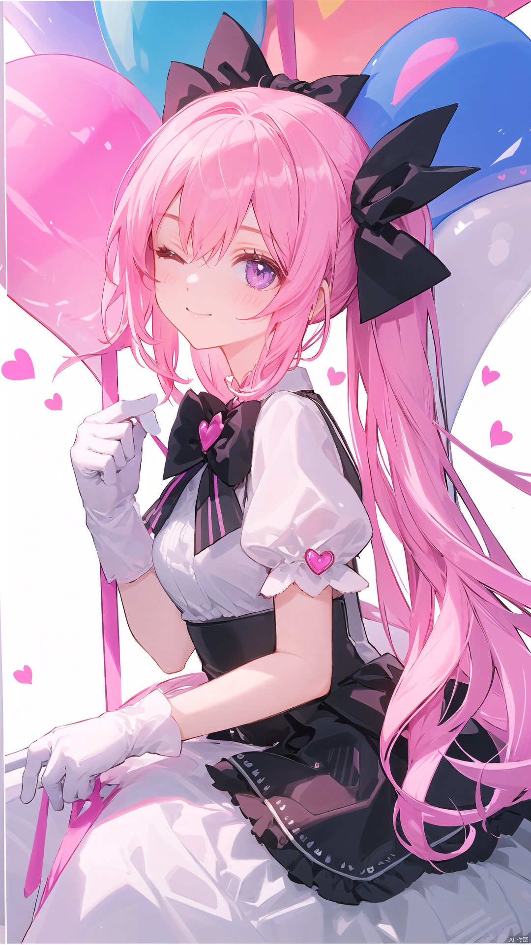  372089, 1girl, solo, long hair, looking at viewer, blush, smile, bangs, blonde hair, shirt, gloves, dress, bow, holding, very long hair, closed mouth, purple eyes, white shirt, short sleeves, hair bow, heart, one eye closed, puffy sleeves, white gloves, pink eyes, two side up, puffy short sleeves, black bow, pink dress, ;\), balloon, holding balloon, heart balloon
