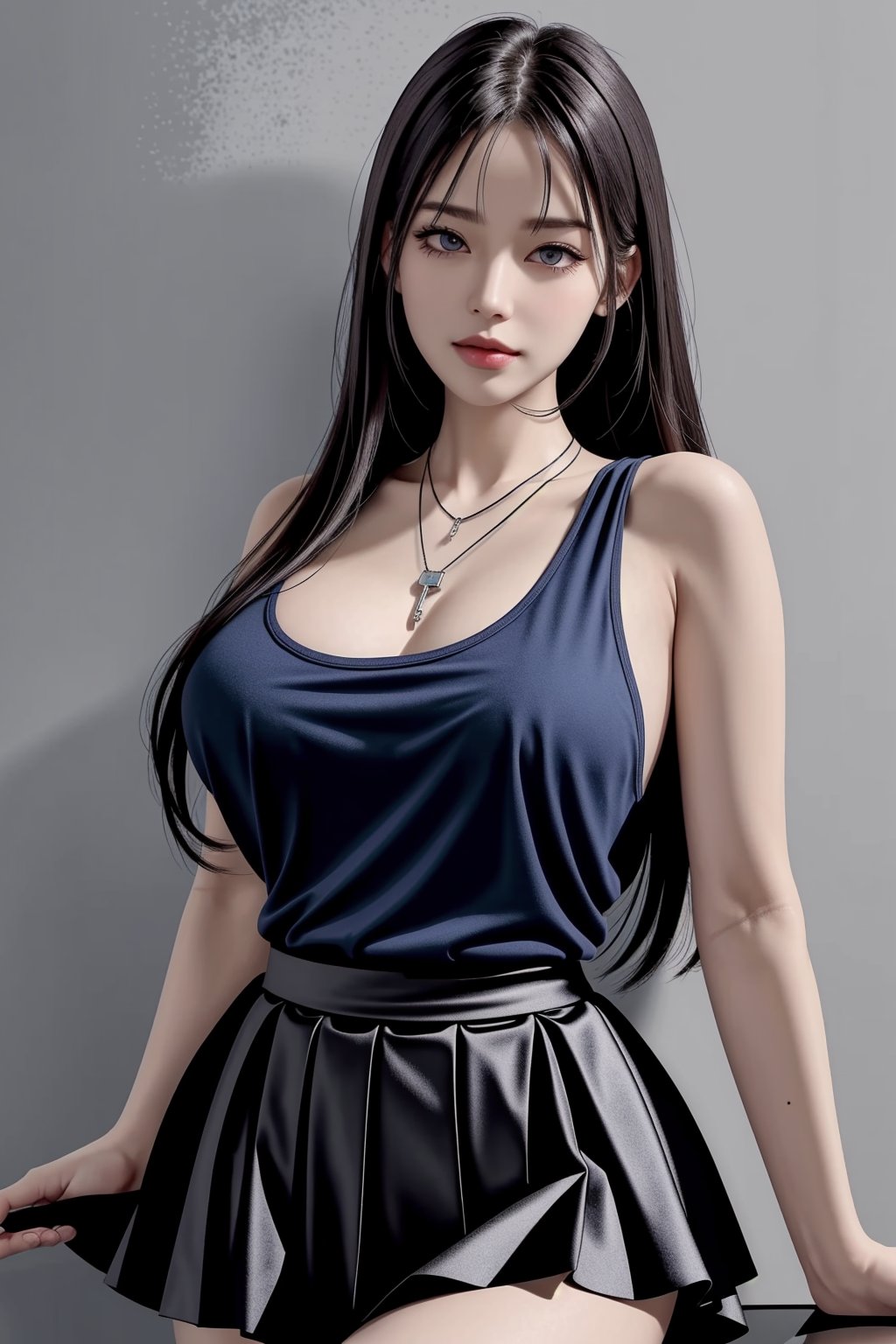 masterpiece, sexy girl, huge breasts, tank top, long hair, bangs, blue eyes, skirt, eyeliner, key necklace, portrait,key necklace, perfect face, detailed,<lora:659111690174031528:1.0>