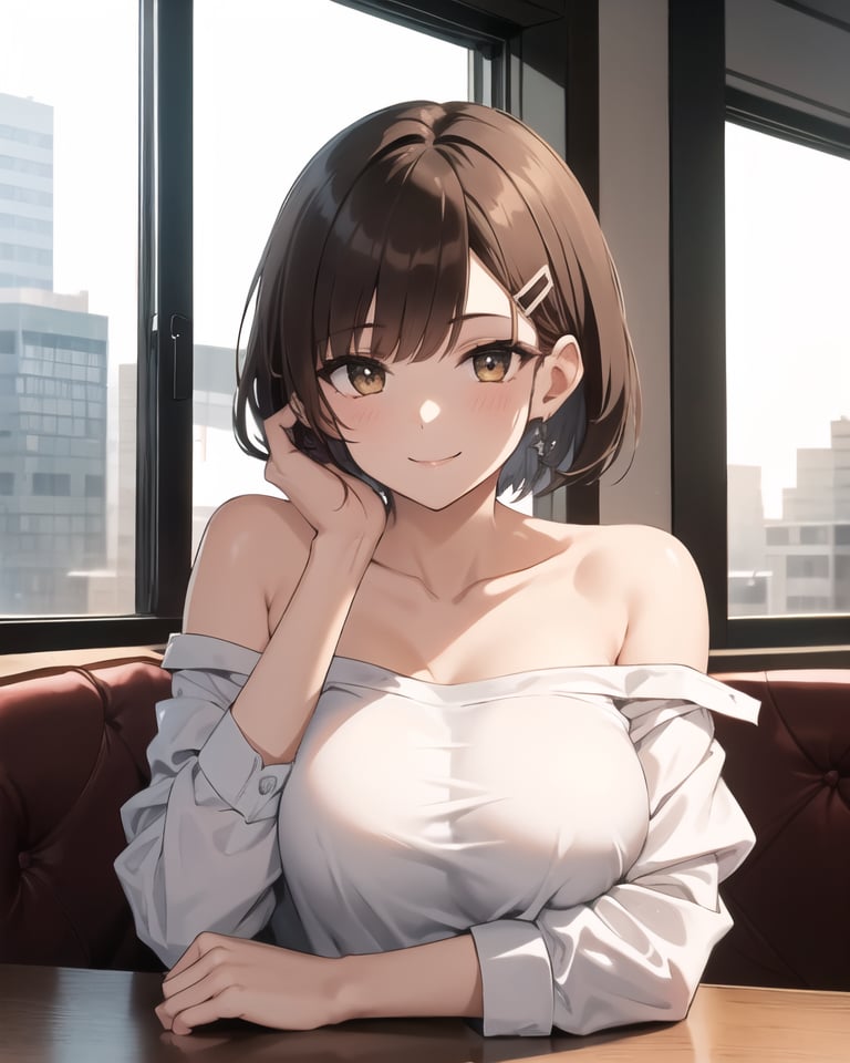 upper body,1girl,brown hair,short  hair,(asymmetrical bangs:1.1),hair behind ear,hairclip ,light smile, large breasts,white shirt,off shoulder,sitting,across the table,elbow on table,breast rest,breast on table,head rest, look at viewer, big room,window,restaurant, luxurious, light, reflections,