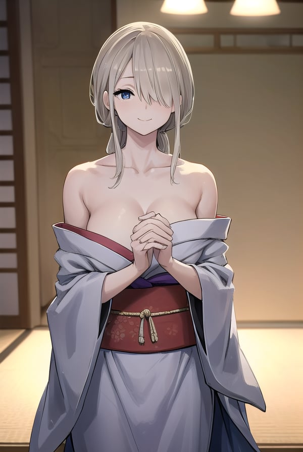 rumitakahashi, <lora:rumi takahashi manga-lora-nochekaiser:1>,rumi takahashi, long hair, (hair over one eye:1.5), blonde hair, (grey eyes:1.3), smile, seductive smile,BREAK bare shoulders, collarbone, sidelocks, japanese clothes, kimono, off shoulder, sash, obi,BREAK indoors,BREAK looking at viewer, (cowboy shot:1.5),BREAK <lyco:GoodHands-beta2:1>, (masterpiece:1.2), best quality, high resolution, unity 8k wallpaper, (illustration:0.8), (beautiful detailed eyes:1.6), extremely detailed face, perfect lighting, extremely detailed CG, (perfect hands, perfect anatomy),