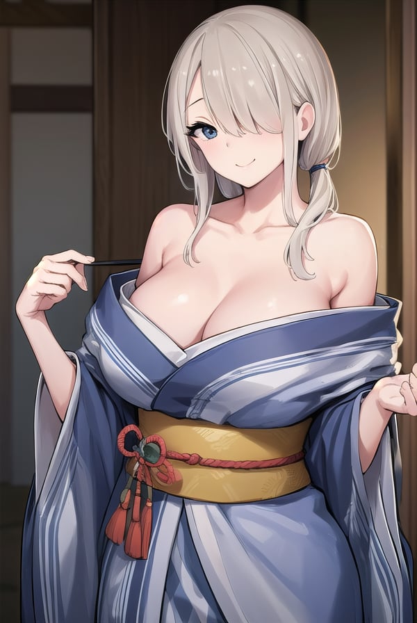 rumitakahashi, <lora:rumi takahashi manga-lora-nochekaiser:1>,rumi takahashi, long hair, (hair over one eye:1.5), blonde hair, (grey eyes:1.3), smile, seductive smile,BREAK bare shoulders, collarbone, sidelocks, japanese clothes, kimono, off shoulder, sash, obi,BREAK indoors,BREAK looking at viewer, (cowboy shot:1.5),BREAK <lyco:GoodHands-beta2:1>, (masterpiece:1.2), best quality, high resolution, unity 8k wallpaper, (illustration:0.8), (beautiful detailed eyes:1.6), extremely detailed face, perfect lighting, extremely detailed CG, (perfect hands, perfect anatomy),