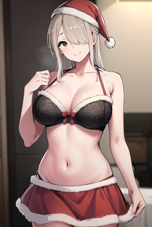 rumitakahashi, <lora:rumi takahashi manga-lora-nochekaiser:1>,rumi takahashi, long hair, (hair over one eye:1.5), blonde hair, (grey eyes:1.3), smile, seductive smile,BREAK skirt, hat, underwear, panties, swimsuit, bikini, bra, fur trim, christmas, santa hat, santa costume,BREAK indoors,BREAK looking at viewer, (cowboy shot:1.5),BREAK <lyco:GoodHands-beta2:1>, (masterpiece:1.2), best quality, high resolution, unity 8k wallpaper, (illustration:0.8), (beautiful detailed eyes:1.6), extremely detailed face, perfect lighting, extremely detailed CG, (perfect hands, perfect anatomy),