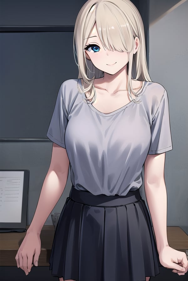 rumitakahashi, <lora:rumi takahashi manga-lora-nochekaiser:1>,rumi takahashi, long hair, (hair over one eye:1.5), blonde hair, (grey eyes:1.3), smile, seductive smile,BREAK skirt, shirt, collarbone, short sleeves, pleated skirt,BREAK indoors,BREAK looking at viewer, (cowboy shot:1.5),BREAK <lyco:GoodHands-beta2:1>, (masterpiece:1.2), best quality, high resolution, unity 8k wallpaper, (illustration:0.8), (beautiful detailed eyes:1.6), extremely detailed face, perfect lighting, extremely detailed CG, (perfect hands, perfect anatomy),