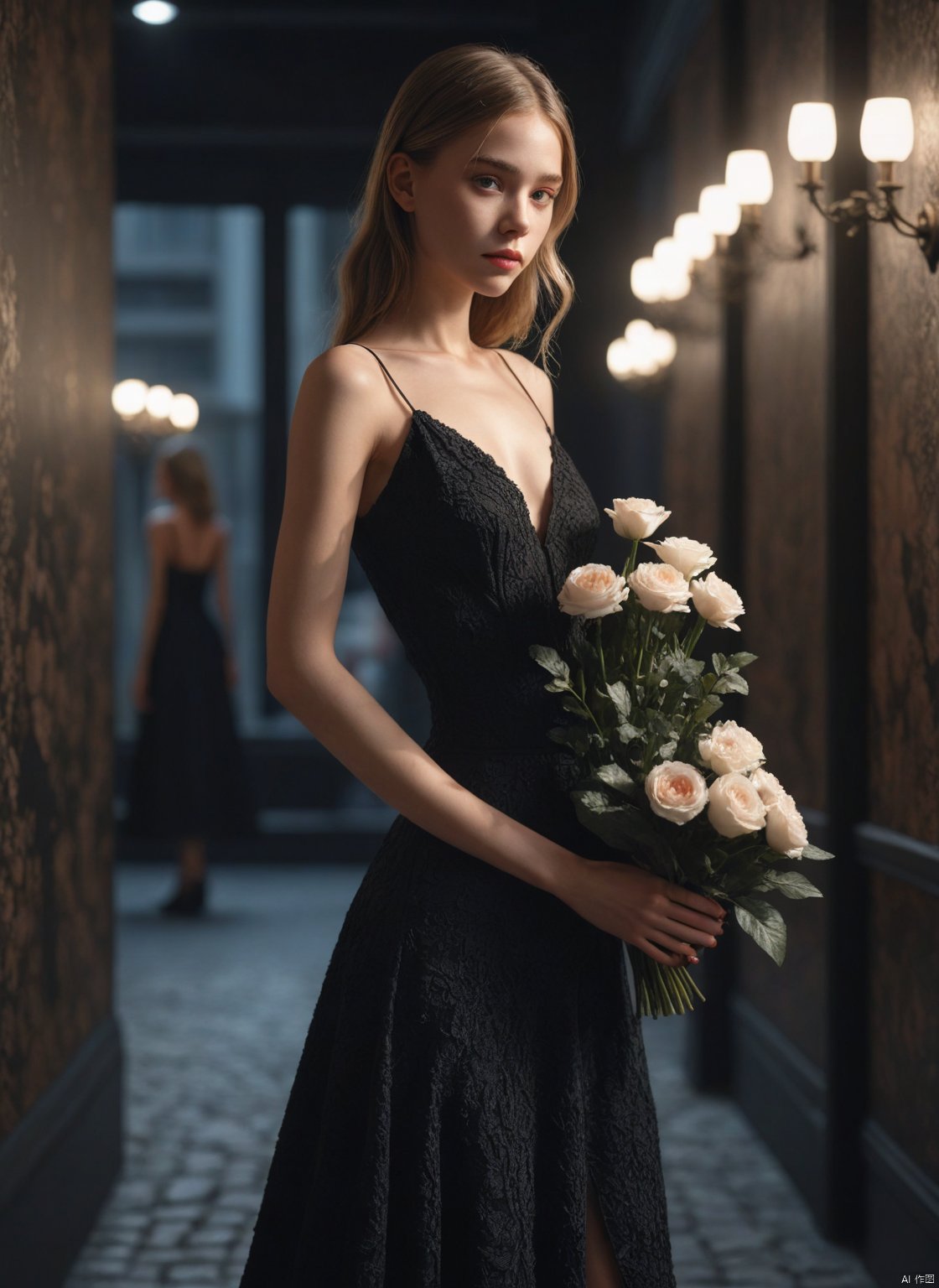  1girl,8k wallpaper,extremely detailed figure, amazing beauty, detailed characters, indoor,black dress, holding flowers, light and shadow, depth of field, light spot, reflection,upper body,nigth,street