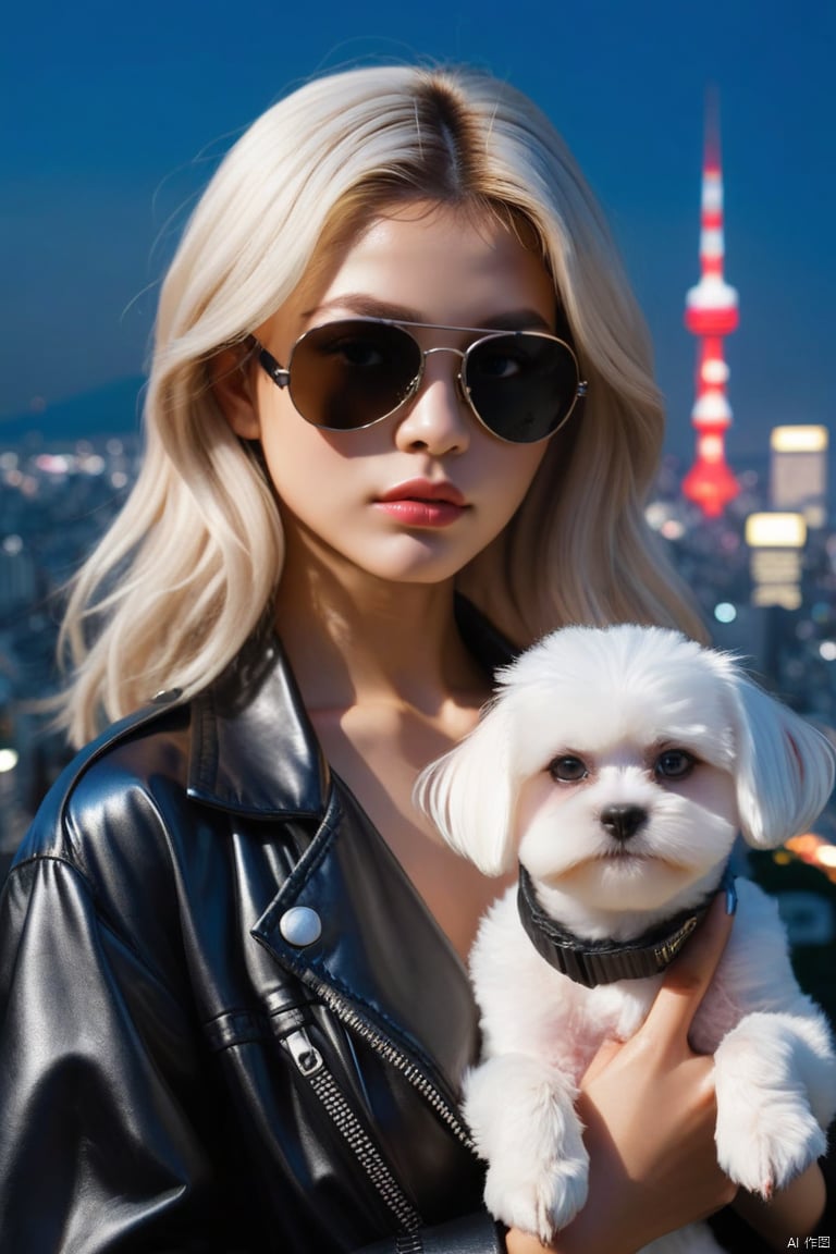  Best Quality, Masterpiece, Ultra High Resolution, (Photorealism: 1.4), Original Photo,
A girl with a maltese puppy behind, cyberpunk, (aviator sunglasses), high-tech clothing, dynamic pose, looking at the viewer, from below, best shadows, complex, depth of field, long hair, messy hair, Tokyo city background, city at night,
SaltBaeMeme, salt, food