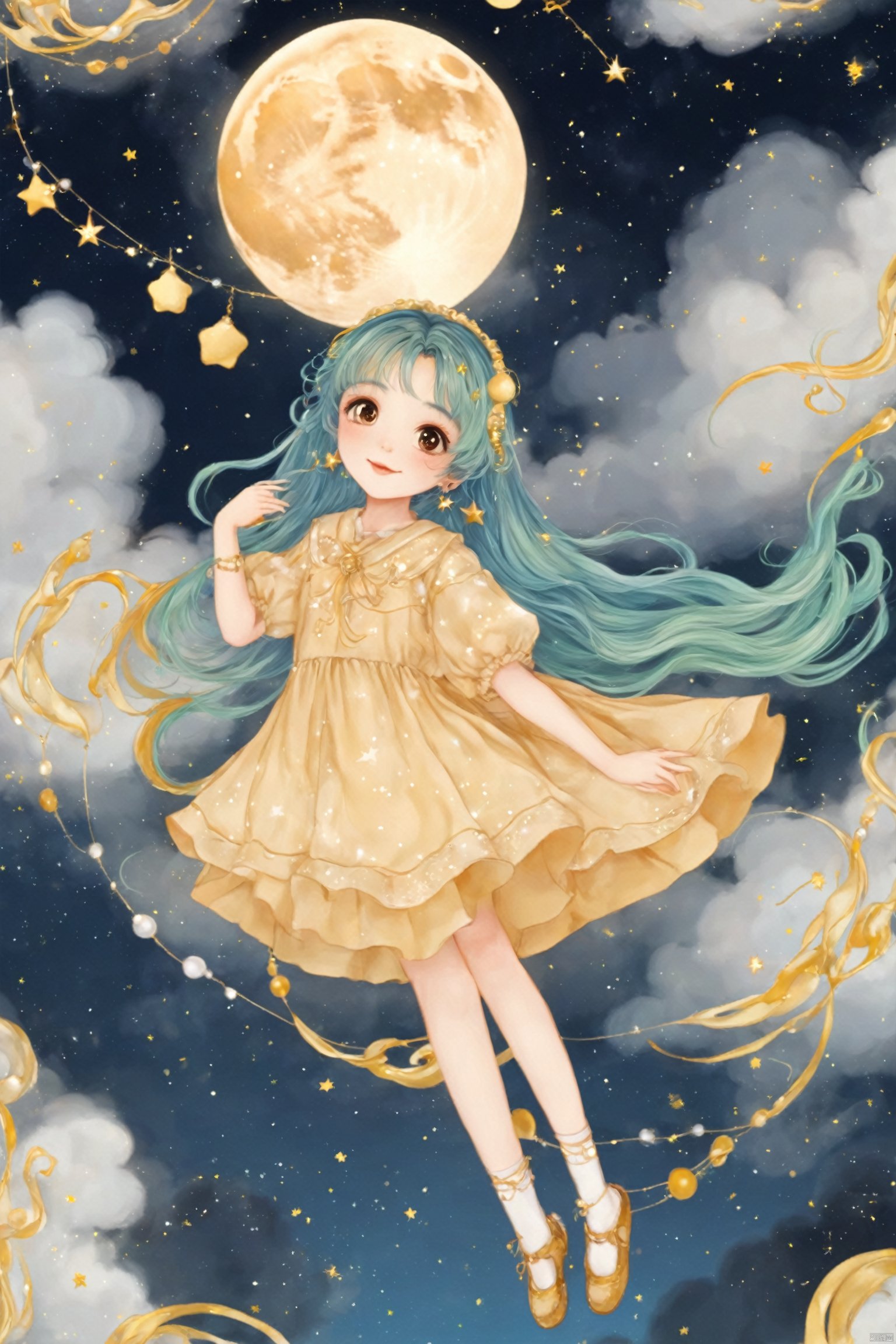  Illustration style, hand-painted style, childlike, dreamy, stars, soft, clouds, moon, hairball, decoration, lovely, great works, 8k, movie texture, movie cg, clear details, rich picture, miji, tongxin