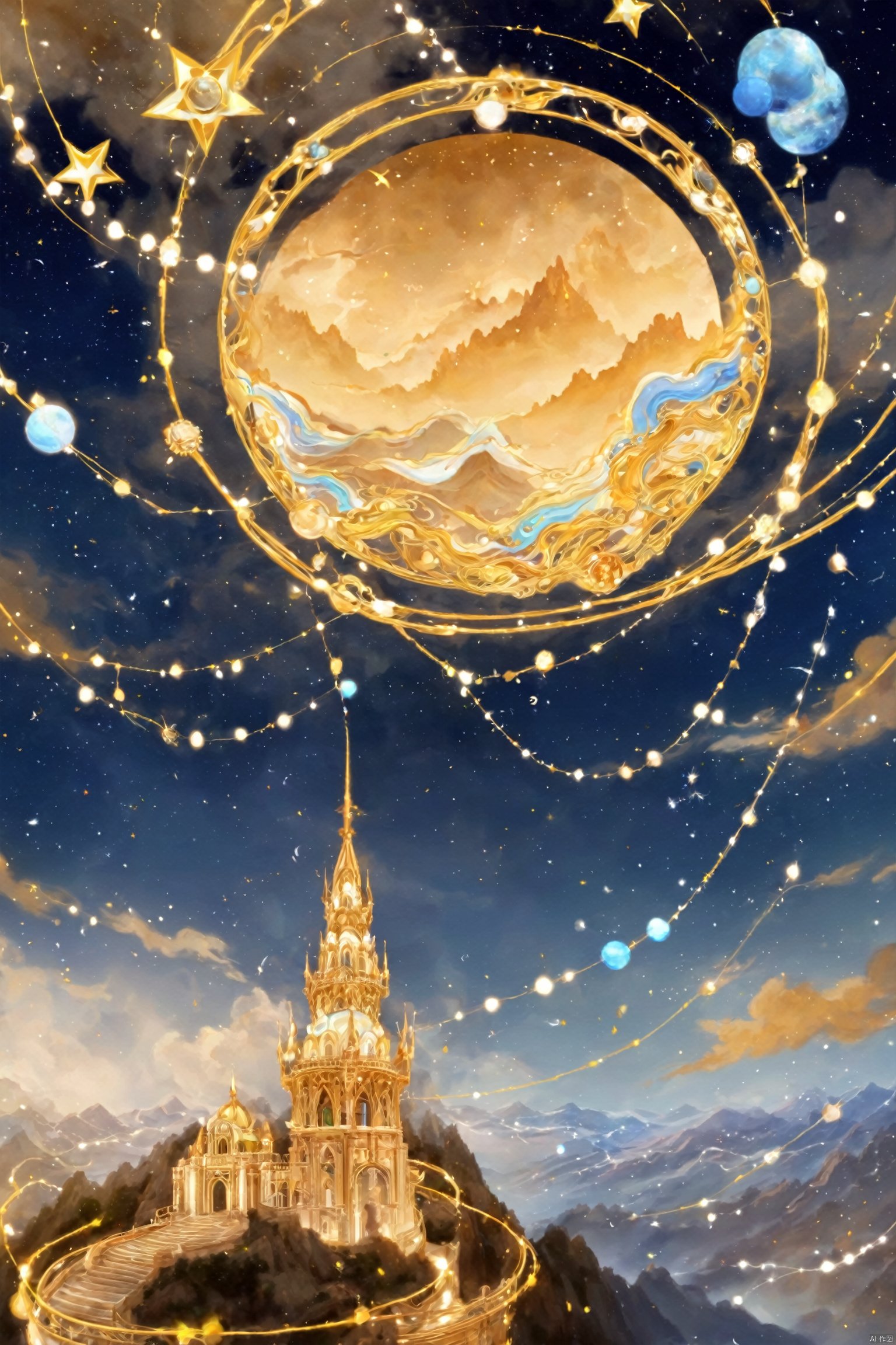 Art, Blue Eyes, Architecture, city, city lights, cityscape, Clouds, cloudy sky, constellations, Fantasy, Glow, jewelry, light particles, Magic, Magic circles, mountains, night sky, planets, scenery, sky, solo, Space, starry sky, Tower