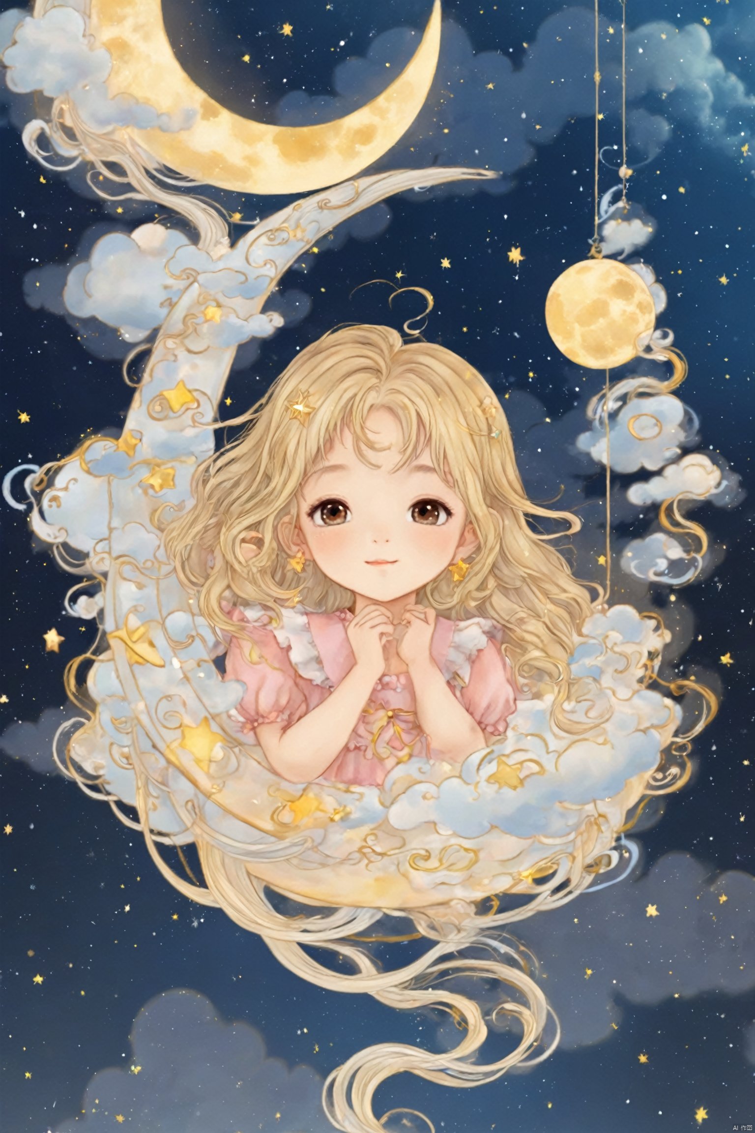  Illustration style, hand-painted style, childlike, dreamy, stars, soft, clouds, moon, hairball, decoration, lovely, great works, 8k, movie texture, movie cg, clear details, rich picture, miji, tongxin