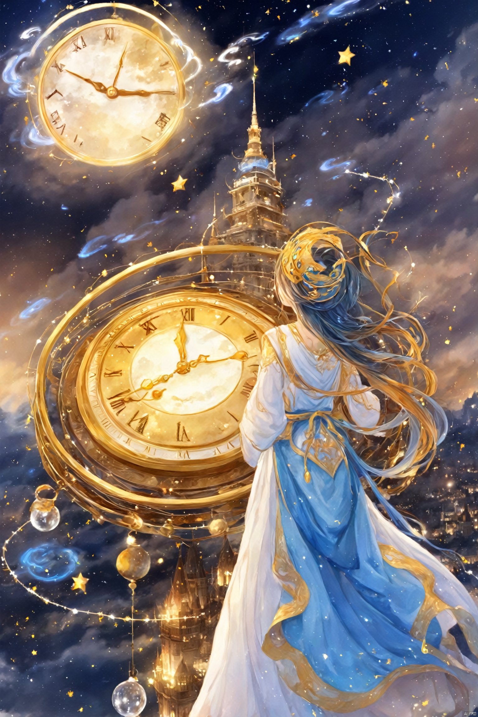  artist name,blue eyes,building,city,city lights,cityscape,clock,cloud,cloudy sky,constellation,copyright name,earth \(planet\),fantasy,glowing,jewelry,light particles,magic,magic circle,mountain,night,night sky,planet,scenery,sky,solo,space,star \(sky\),starry sky,tower,