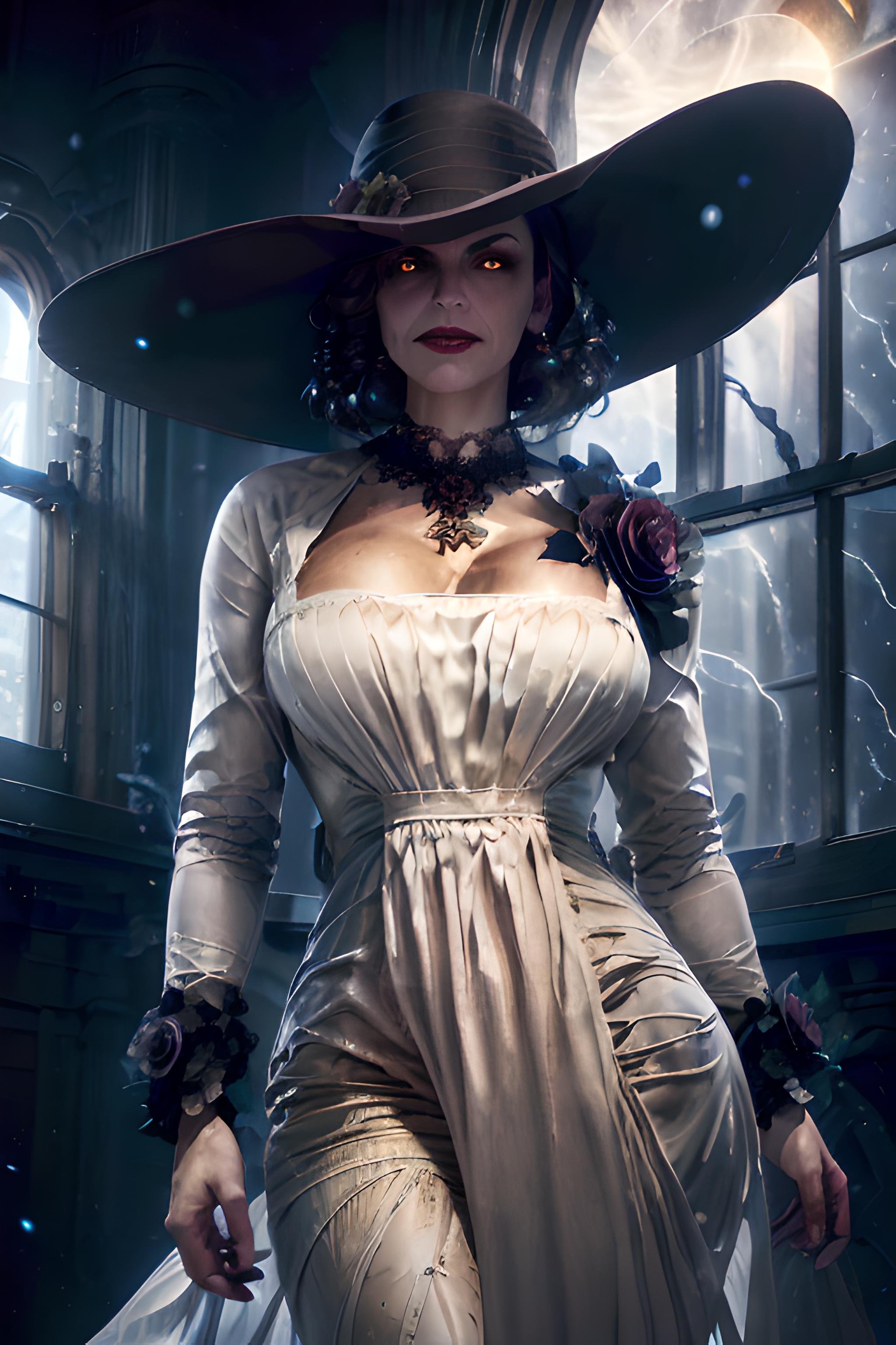 1girl, cowboy shot, white dress, black sun hat, black flower, night, old dark victorian masion, window, looking at viewer, particles, volumetric lighting, best quality, masterpiece, intricate details, tonemapping, sharp focus, hyper detailed, realistic, dimitrescu, ladyd,  <lora:LadyDimitrescu2:1> large  breasts, tall female, fair skin, woman, 