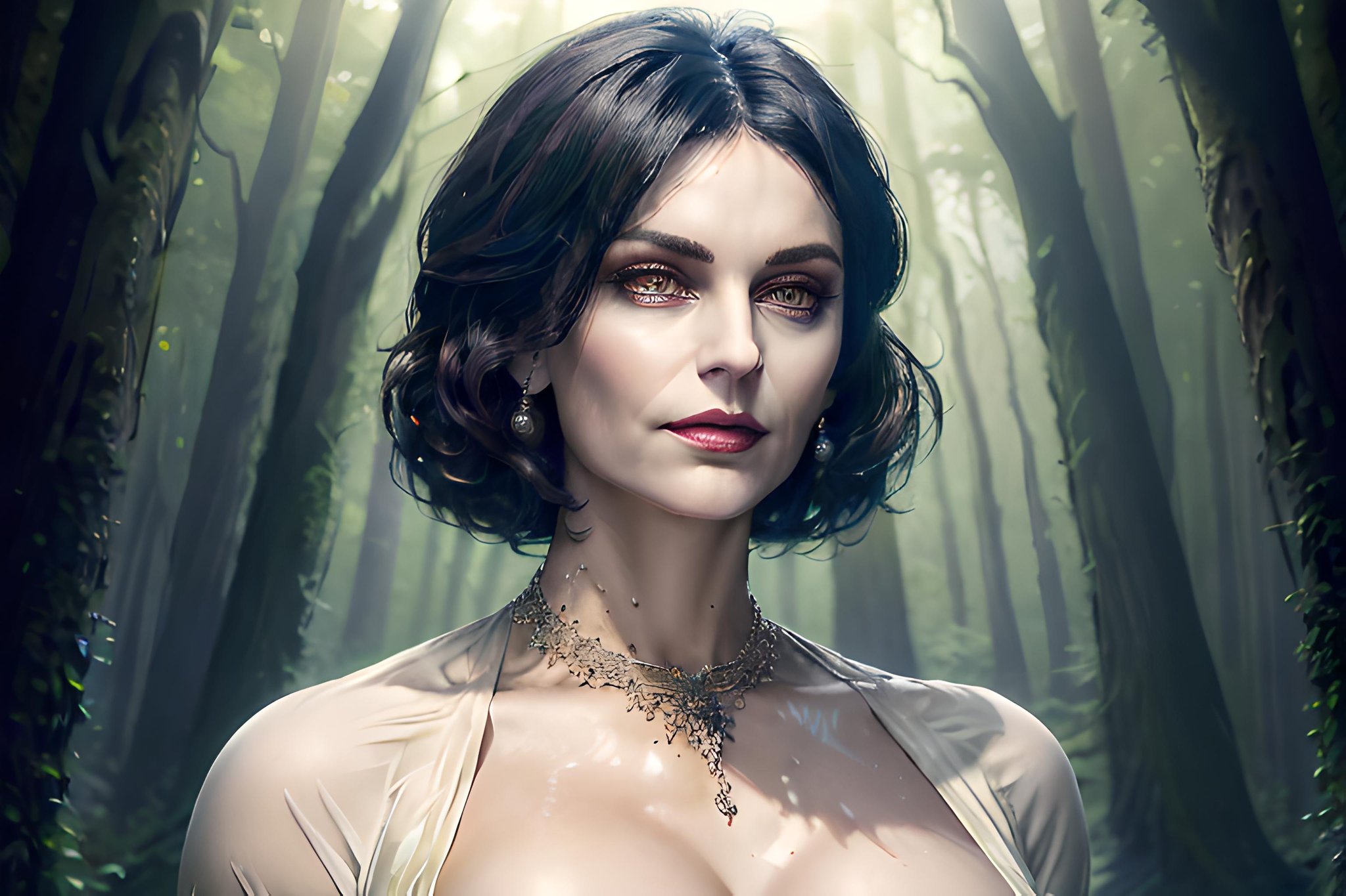 ((ultra detailed, masterpiece, best quality))1girl, solo, bob cut, Deep in a mystical forest, surrounded by ancient ruins, wearing an ethereal, flowing gown, with arms foldedLady Dimitrescu, dimitrescu<lora:LadyDimitrescu2:0.8> large  breasts, tall female, fair skin, woman, portrait, 